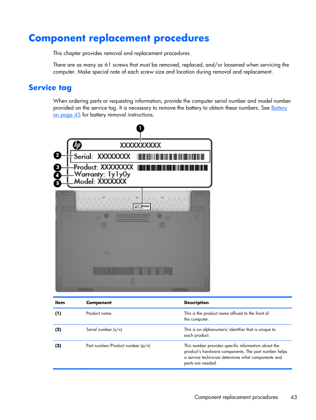 HP 2170p B8V03UTABA manual Component replacement procedures, Service tag 