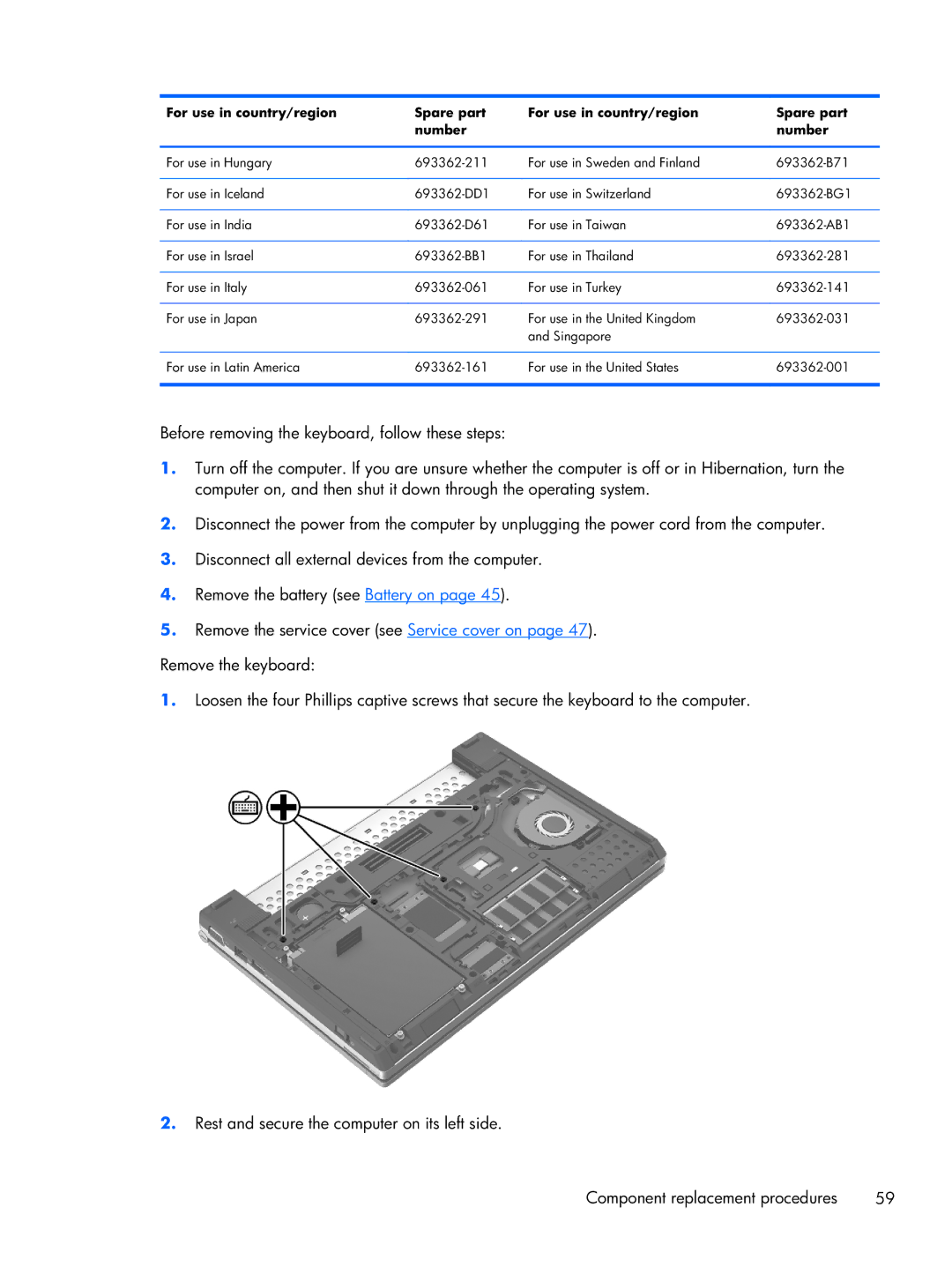 HP 2170p B8V03UTABA manual For use in country/region Spare part Number 