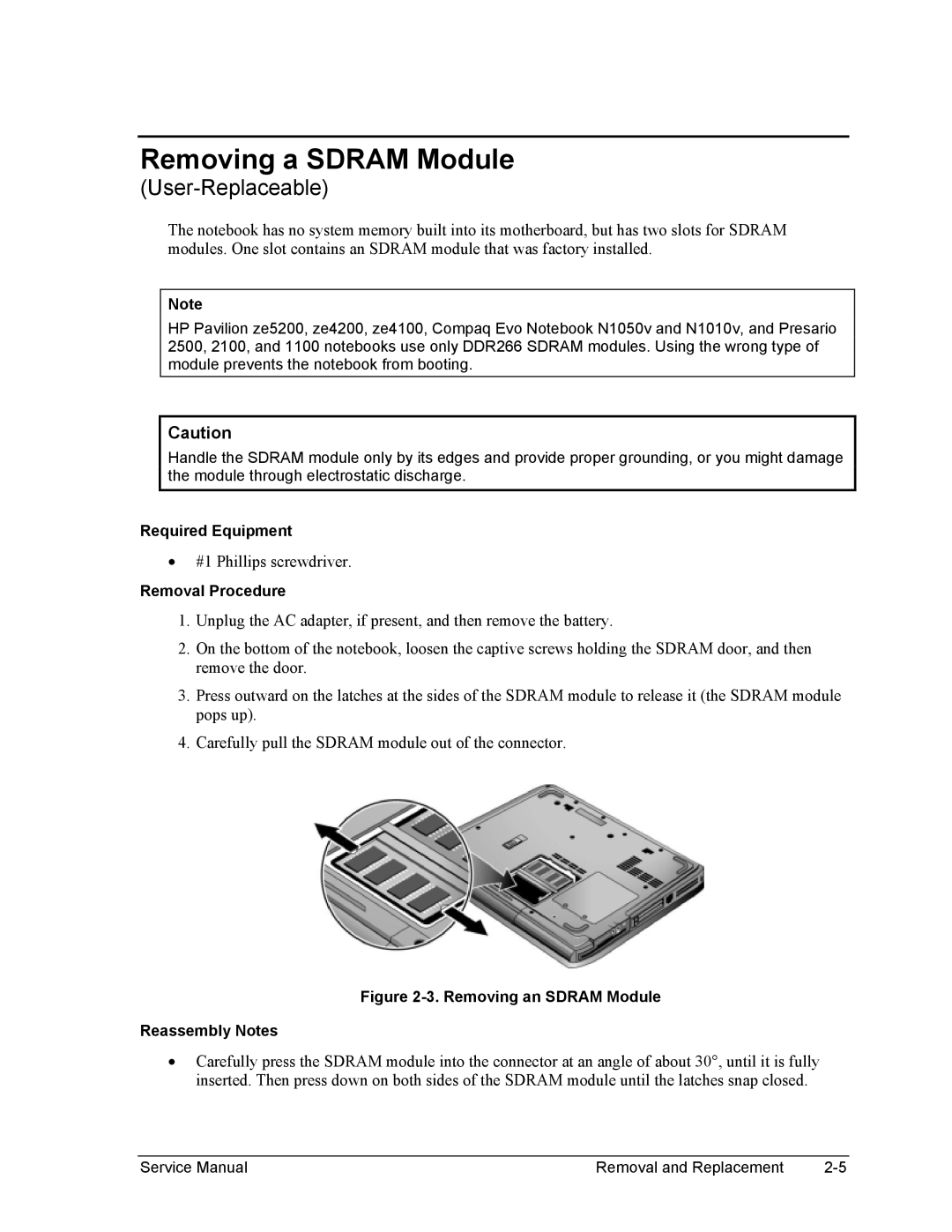 HP 2100AP, 2175EA, 2164EA, 2163EA, 2160US, 2158EA, 2165EA Removing a Sdram Module, Removing an Sdram Module Reassembly Notes 