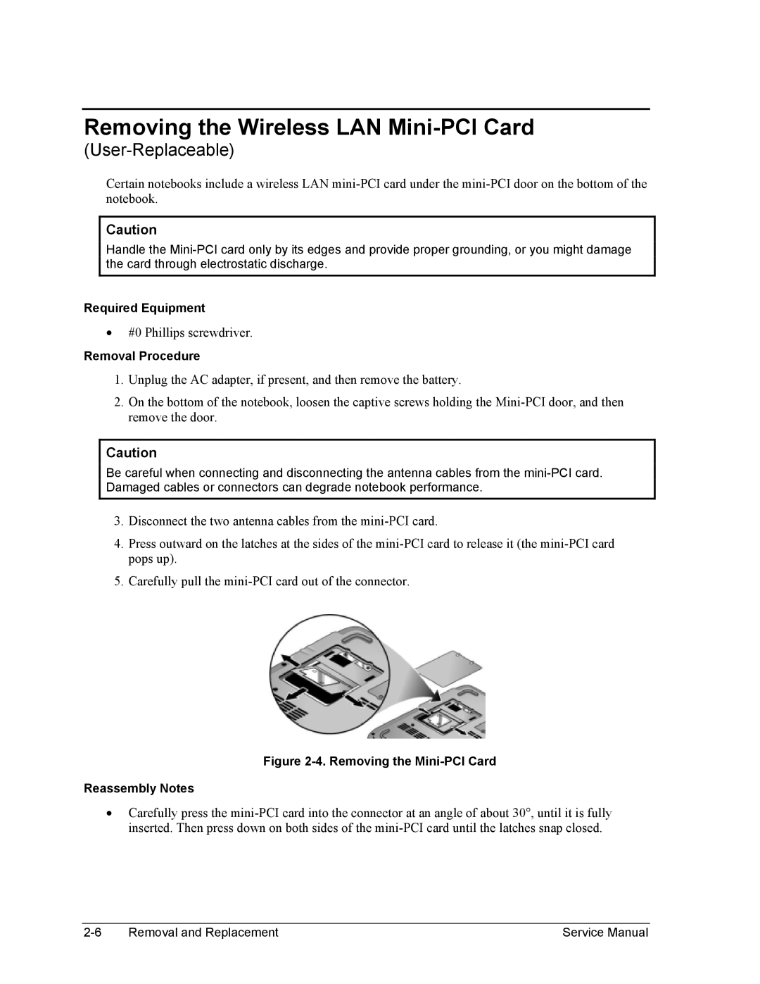 HP 2102US, 2175EA, 2164EA, 2163EA manual Removing the Wireless LAN Mini-PCI Card, Removing the Mini-PCI Card Reassembly Notes 