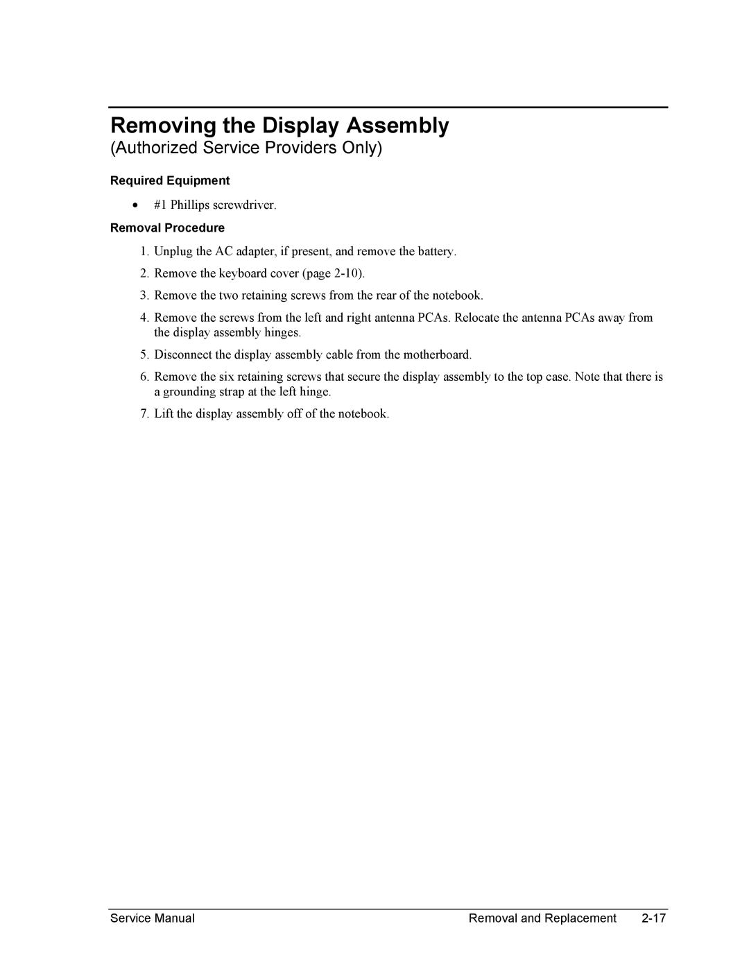 HP 2146EA, 2175EA, 2164EA, 2163EA, 2160US, 2158EA, 2165EA manual Removing the Display Assembly, Authorized Service Providers Only 