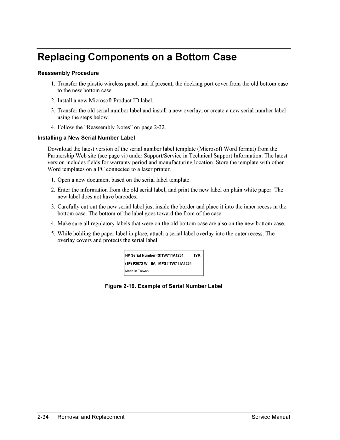 HP 2143AD, 2175EA, 2164EA, 2163EA, 2160US, 2158EA Replacing Components on a Bottom Case, Installing a New Serial Number Label 