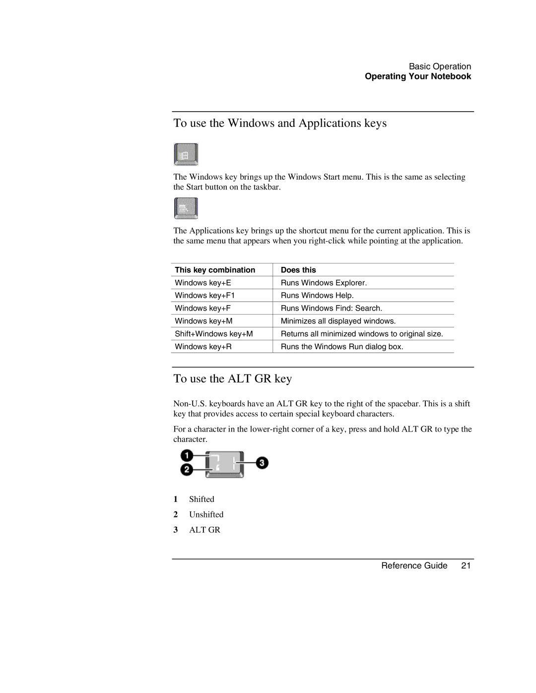 HP 2164AF, 2186AF, 2182US To use the Windows and Applications keys, To use the ALT GR key, This key combination Does this 