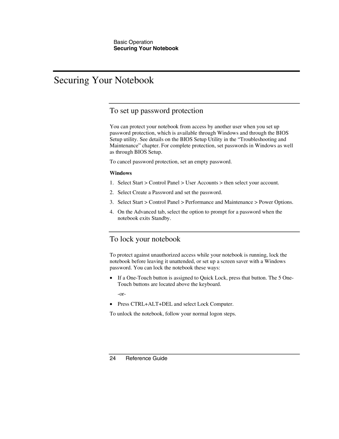 HP 2163EA, 2186AF, 2182US, 2182AT, 2509 Securing Your Notebook, To set up password protection, To lock your notebook, Windows 