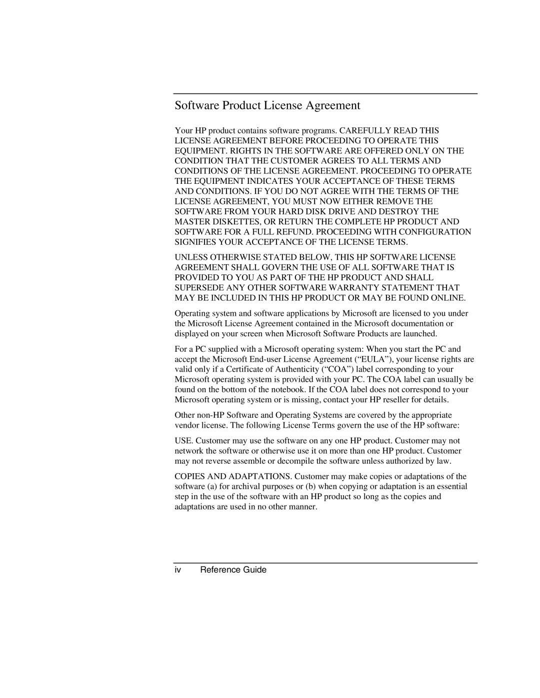 HP 2181AF, 2186AF, 2182US, 2182AT, 2182AF, 2180EA, 2180AF, 2180CA, 2179AF Software Product License Agreement, Iv Reference Guide 