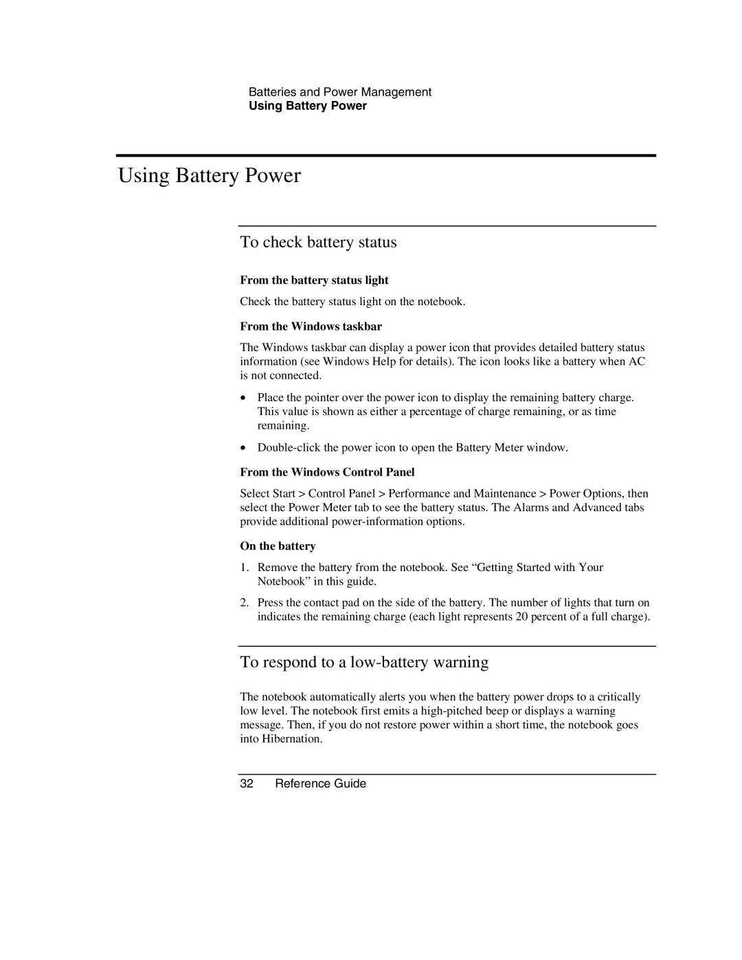 HP 2161AD, 2186AF, 2182US, 2182AT, 2182AF Using Battery Power, To check battery status, To respond to a low-battery warning 