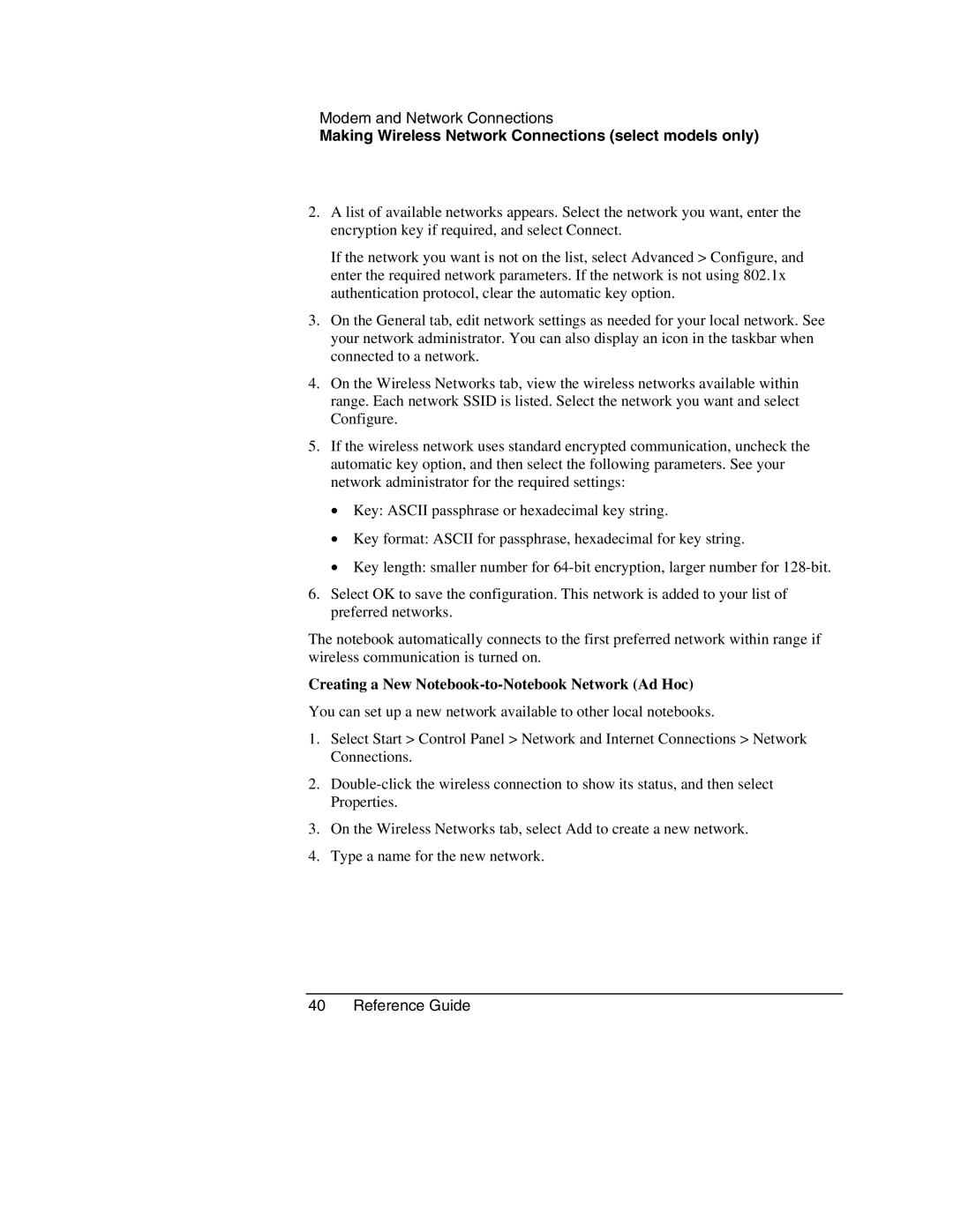 HP 2165EA, 2186AF, 2182US, 2182AT, 2182AF, 2181AF, 2180EA, 2180AF, 2180CA, 2509 Creating a New Notebook-to-Notebook Network Ad Hoc 