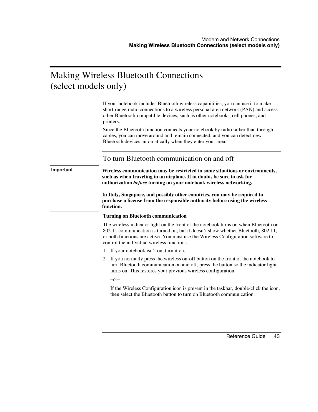 HP 2173AF Making Wireless Bluetooth Connections select models only, To turn Bluetooth communication on and off, Function 