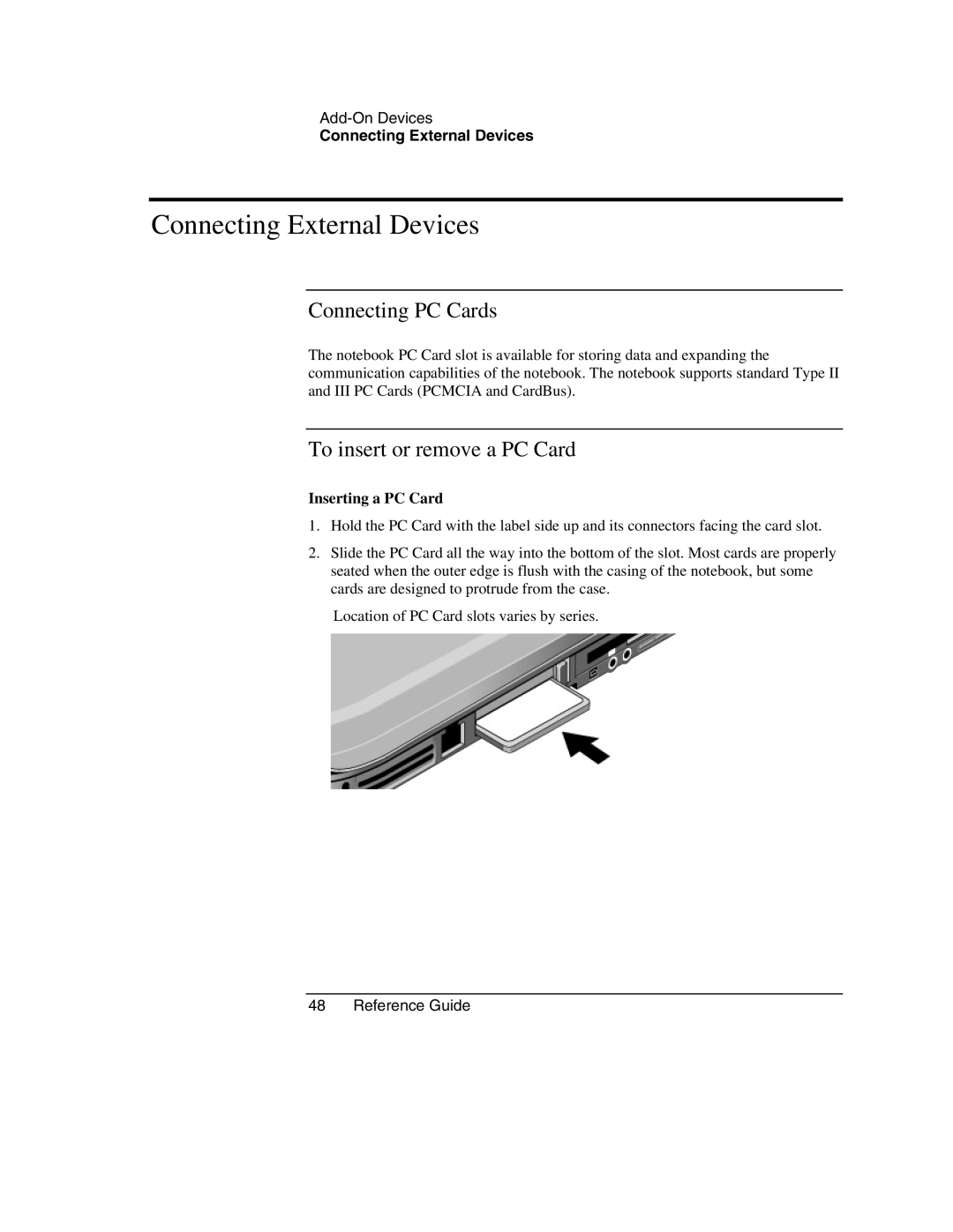 HP 2171EA, 2186AF, 2509 Connecting External Devices, Connecting PC Cards To insert or remove a PC Card, Inserting a PC Card 