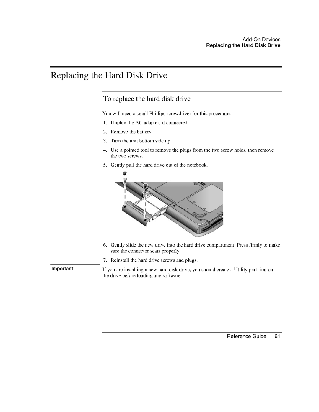 HP 2170AE, 2186AF, 2182US, 2182AT, 2182AF, 2181AF, 2180EA, 2180AF Replacing the Hard Disk Drive, To replace the hard disk drive 