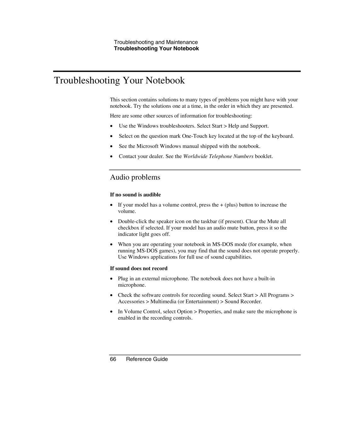 HP 2502AP, 2186AF, 2182US Troubleshooting Your Notebook, Audio problems, If no sound is audible, If sound does not record 