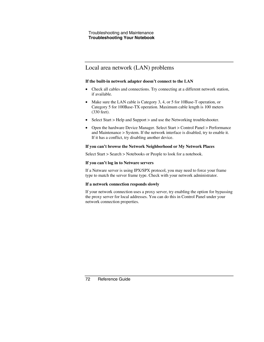 HP 2501AL, 2186AF, 2182US, 2509 Local area network LAN problems, If the built-in network adapter doesn’t connect to the LAN 