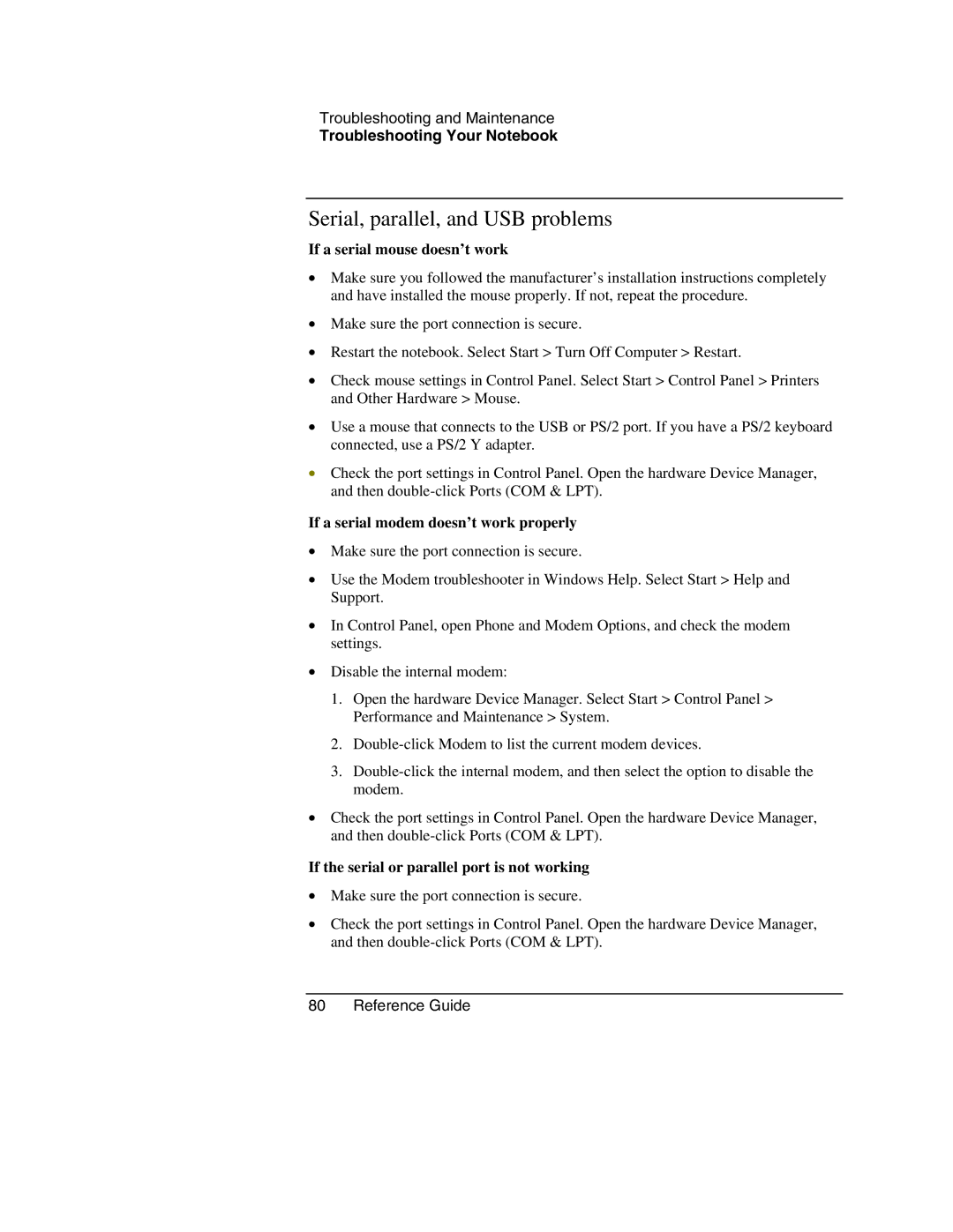 HP 2512EU Serial, parallel, and USB problems, If a serial mouse doesn’t work, If a serial modem doesn’t work properly 