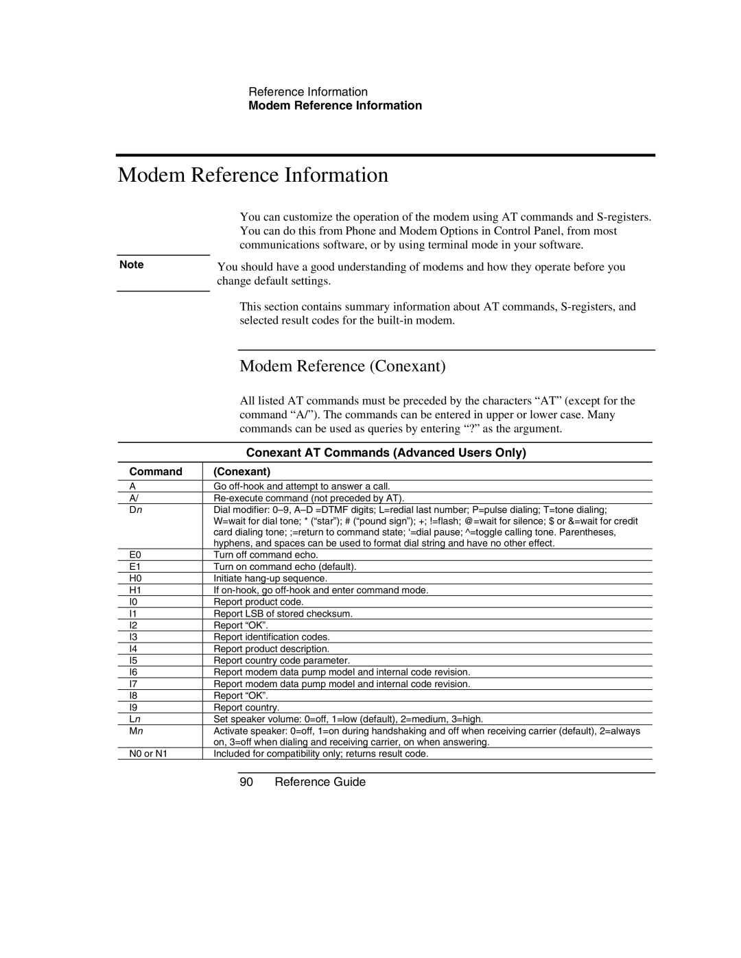 HP 2510AH, 2186AF, 2182US, 2182AT, 2182AF, 2181AF, 2509 Modem Reference Information, Modem Reference Conexant, Command Conexant 