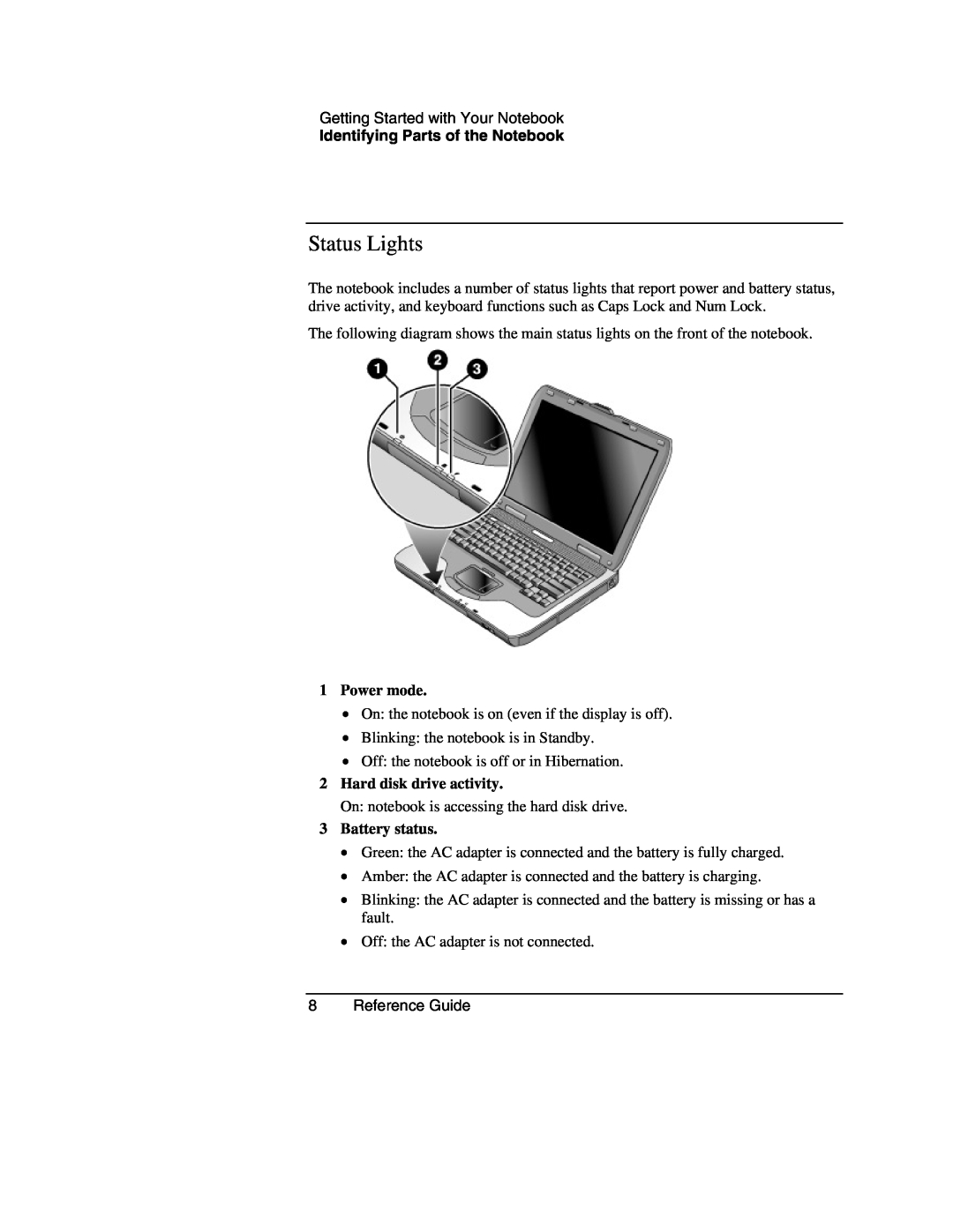 HP 2175CA, 2186AF Status Lights, Power mode, Hard disk drive activity, Battery status, Identifying Parts of the Notebook 