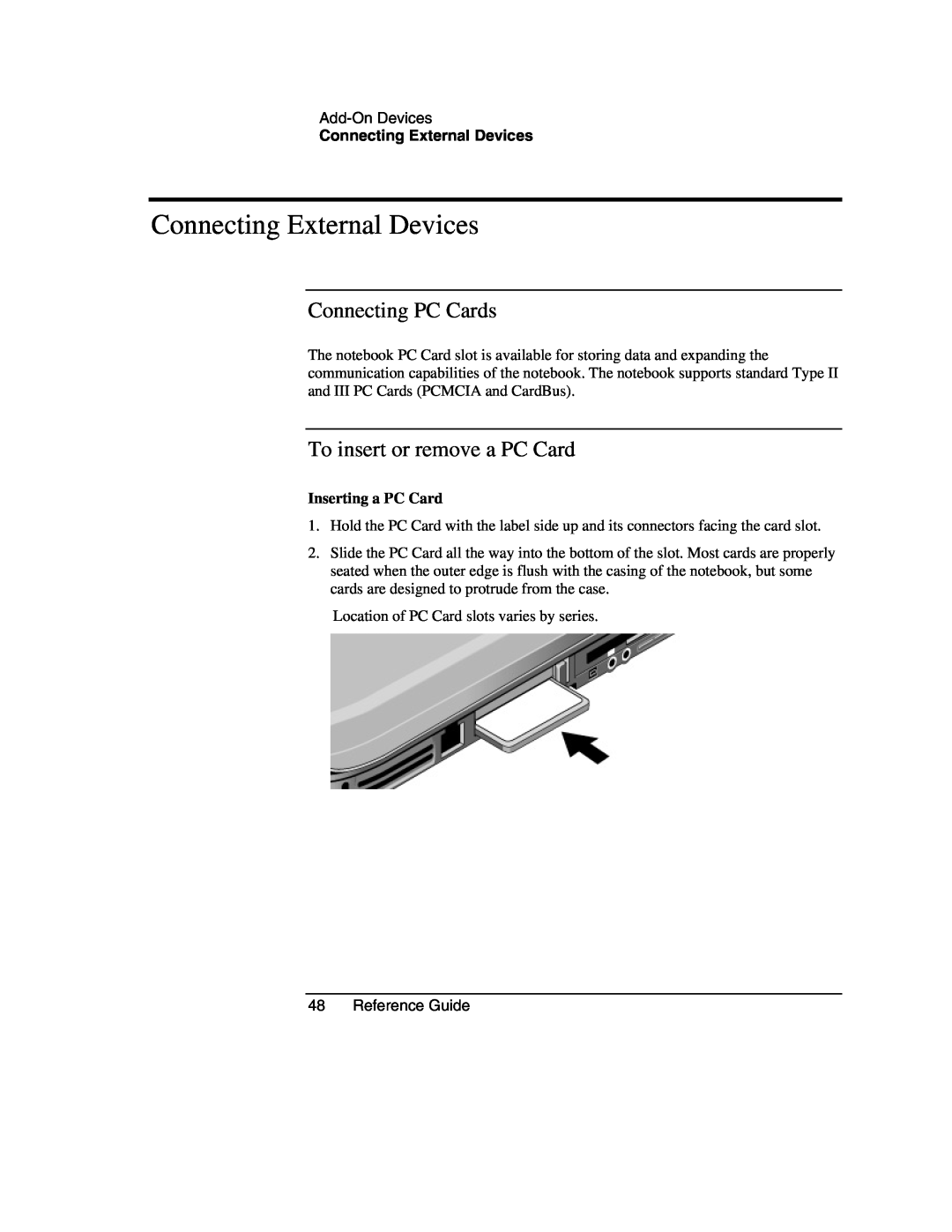 HP 2171EA, 2186AF Connecting External Devices, Connecting PC Cards, To insert or remove a PC Card, Inserting a PC Card 