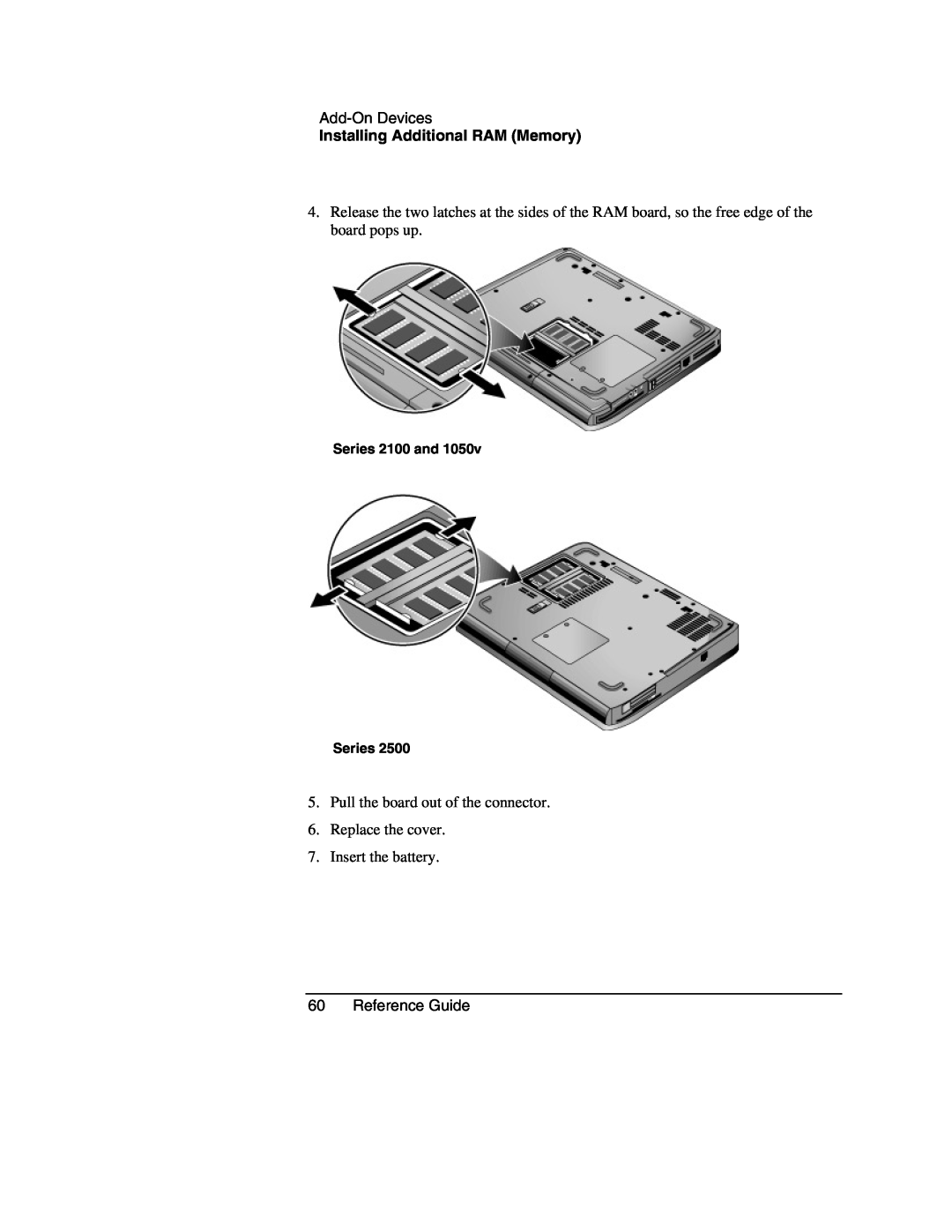HP 2168EA Reference Guide, Add-On Devices, Installing Additional RAM Memory, Insert the battery, Series 2100 and Series 