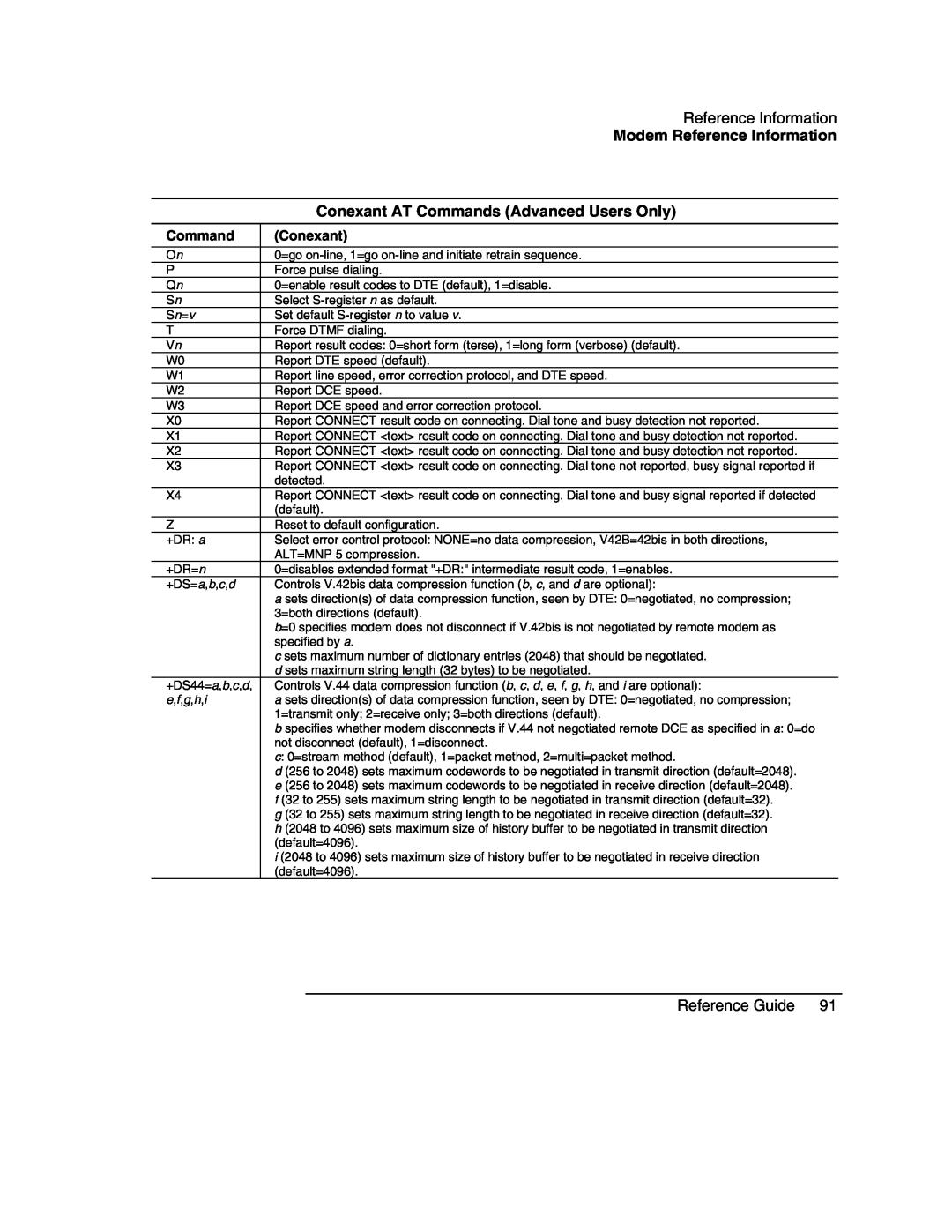 HP 2509, 2186AF Modem Reference Information, Conexant AT Commands Advanced Users Only, Reference Guide, e ,f ,g ,h ,i 