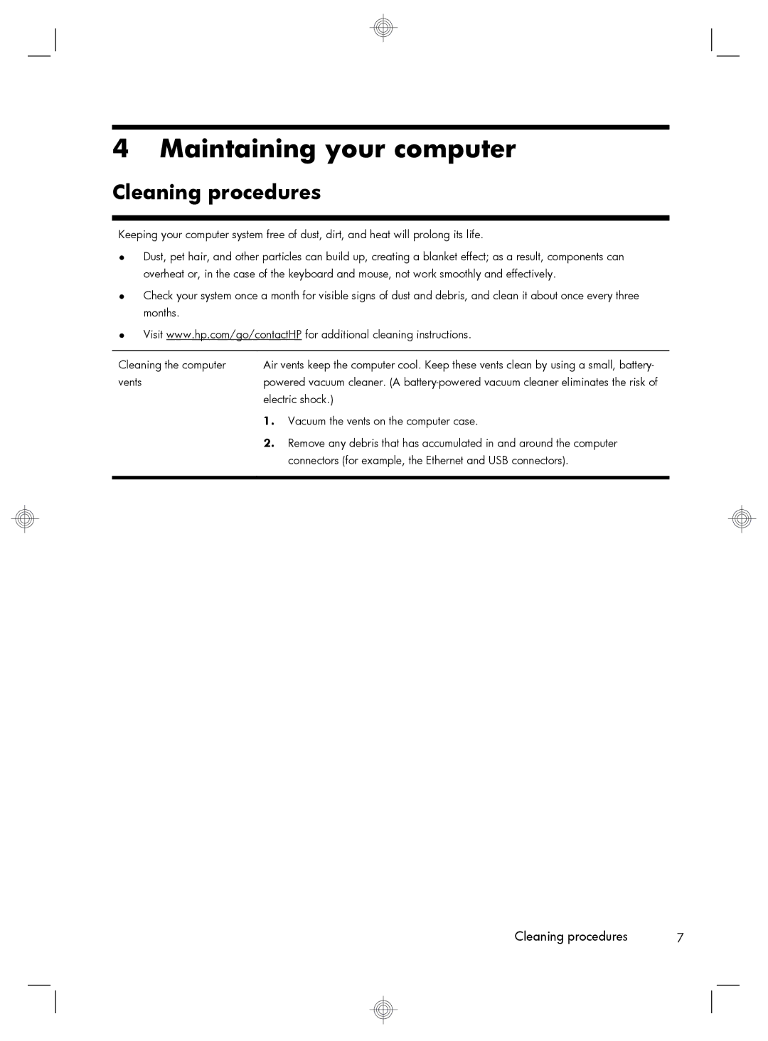 HP 220-1050xt, 220-1180qd, 220-1150xt, 220-1185qd, 220-1100t, 220-1025 manual Maintaining your computer, Cleaning procedures 