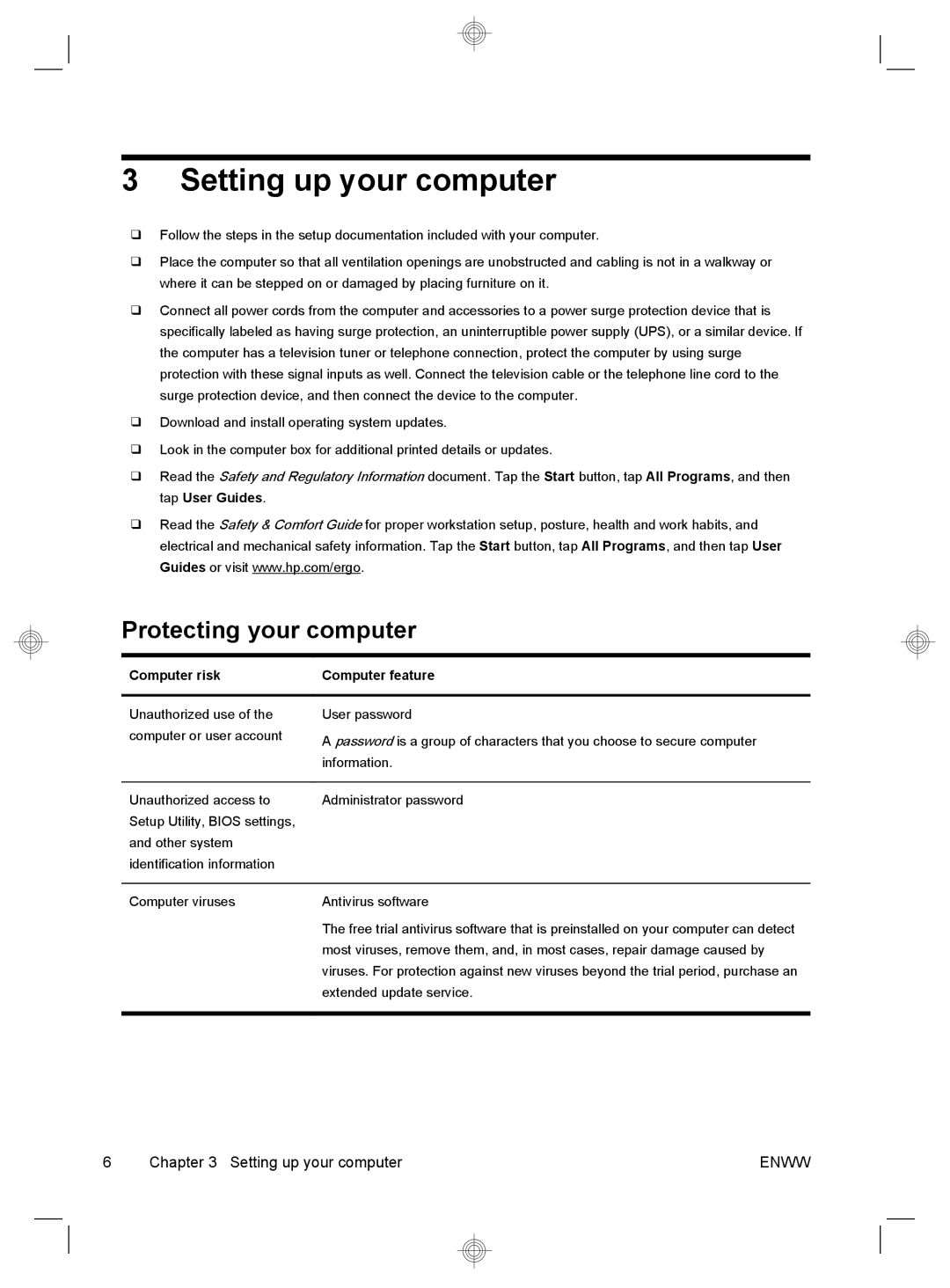 HP 220-1150xt, 220-1180qd, 220-1185qd, 220-1125, 220-1100t, 220-1025 Protecting your computer, Computer risk Computer feature 