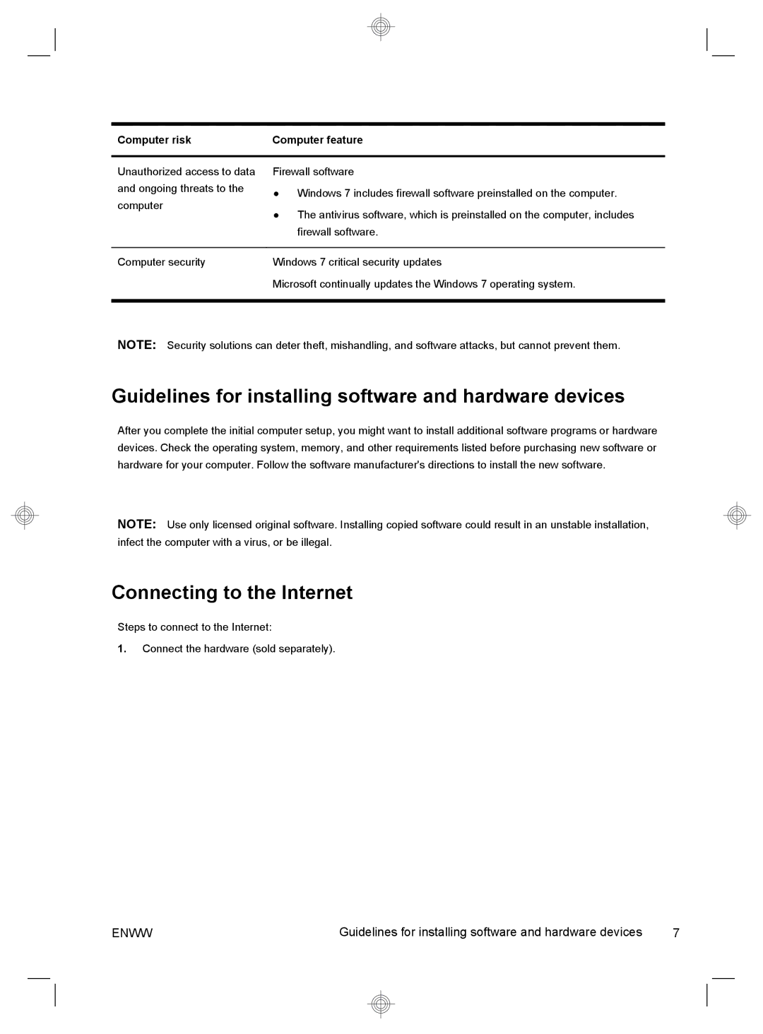 HP 220-1185qd, 220-1125 Guidelines for installing software and hardware devices, Connecting to the Internet, Computer risk 