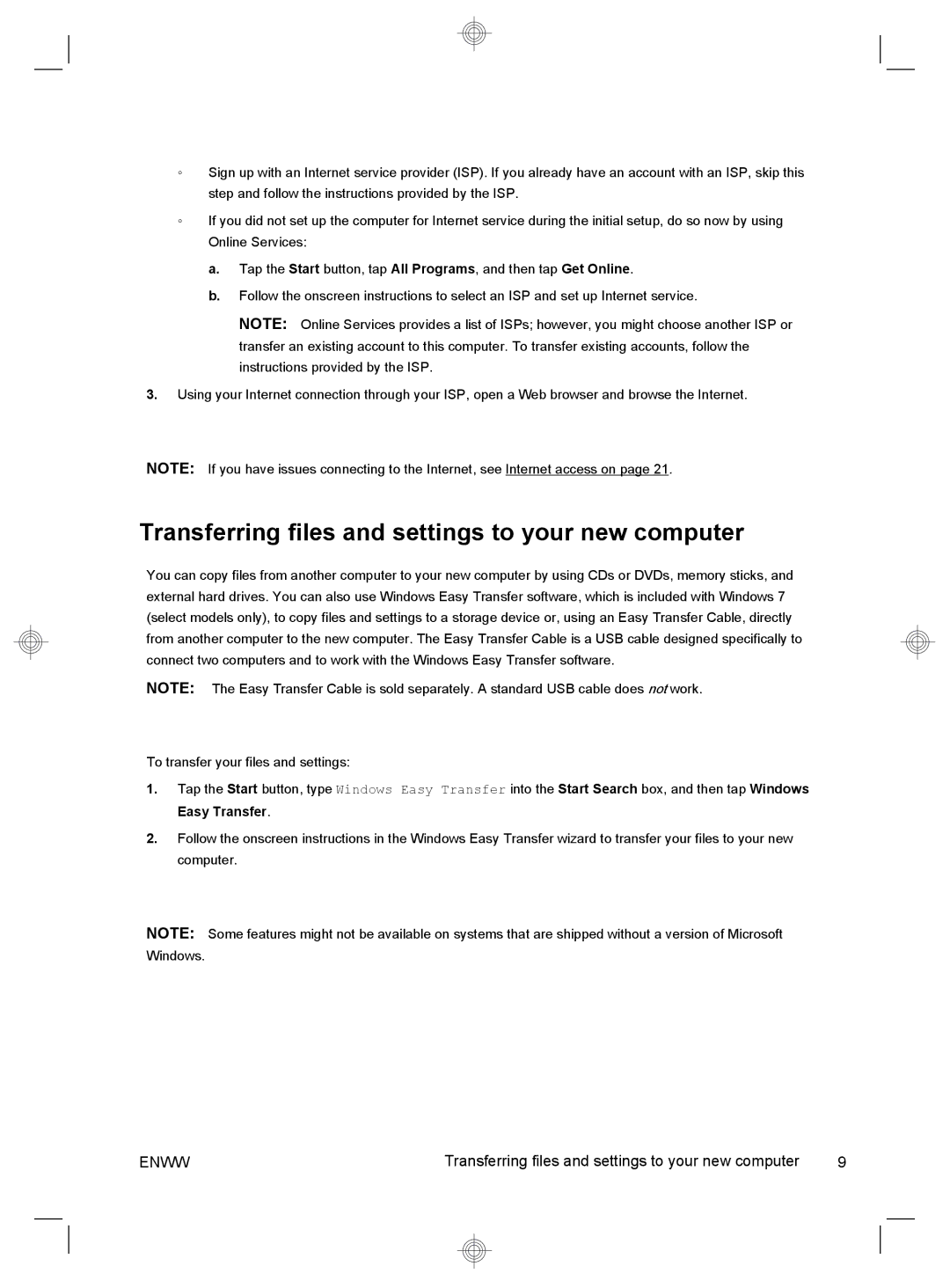 HP 220-1100t, 220-1180qd, 220-1150xt, 220-1185qd, 220-1125, 220-1080qd Transferring files and settings to your new computer 