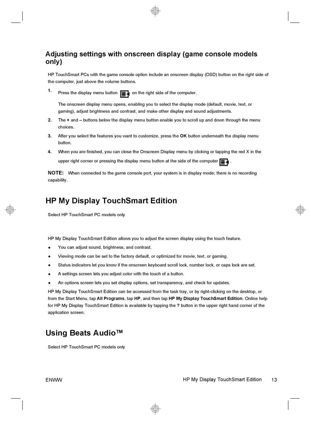 HP 220-1155xt, 220-1180qd, 220-1150xt, 220-1185qd, 220-1125, 220-1100t HP My Display TouchSmart Edition, Using Beats Audio 