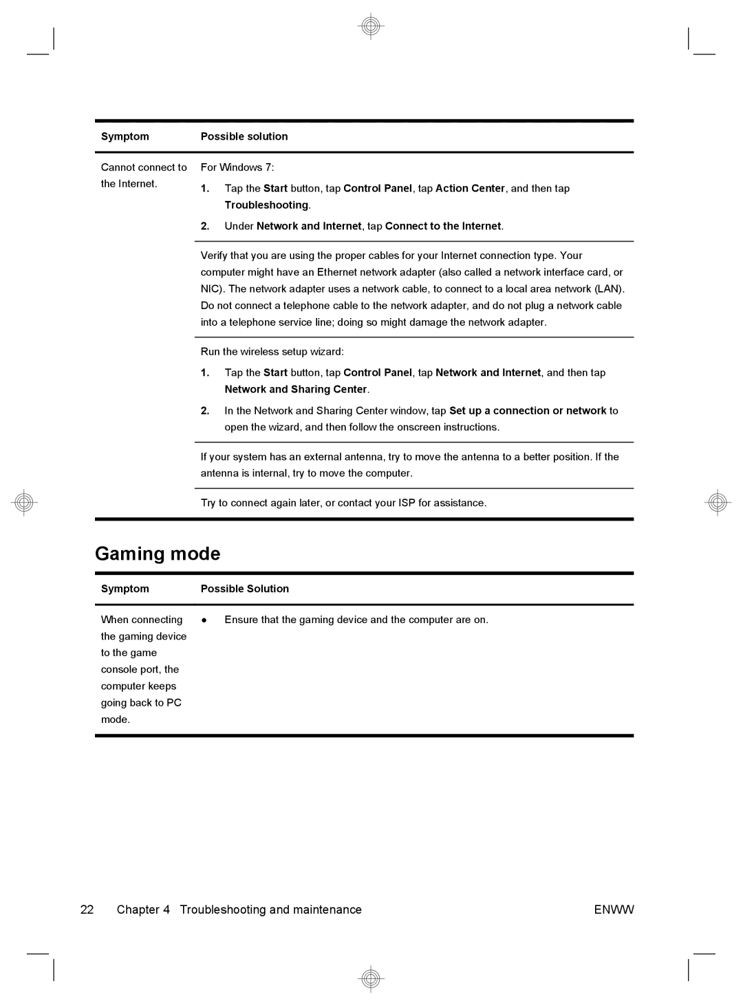 HP 220-1155xt, 220-1180qd, 220-1150xt Gaming mode, Troubleshooting, Under Network and Internet, tap Connect to the Internet 