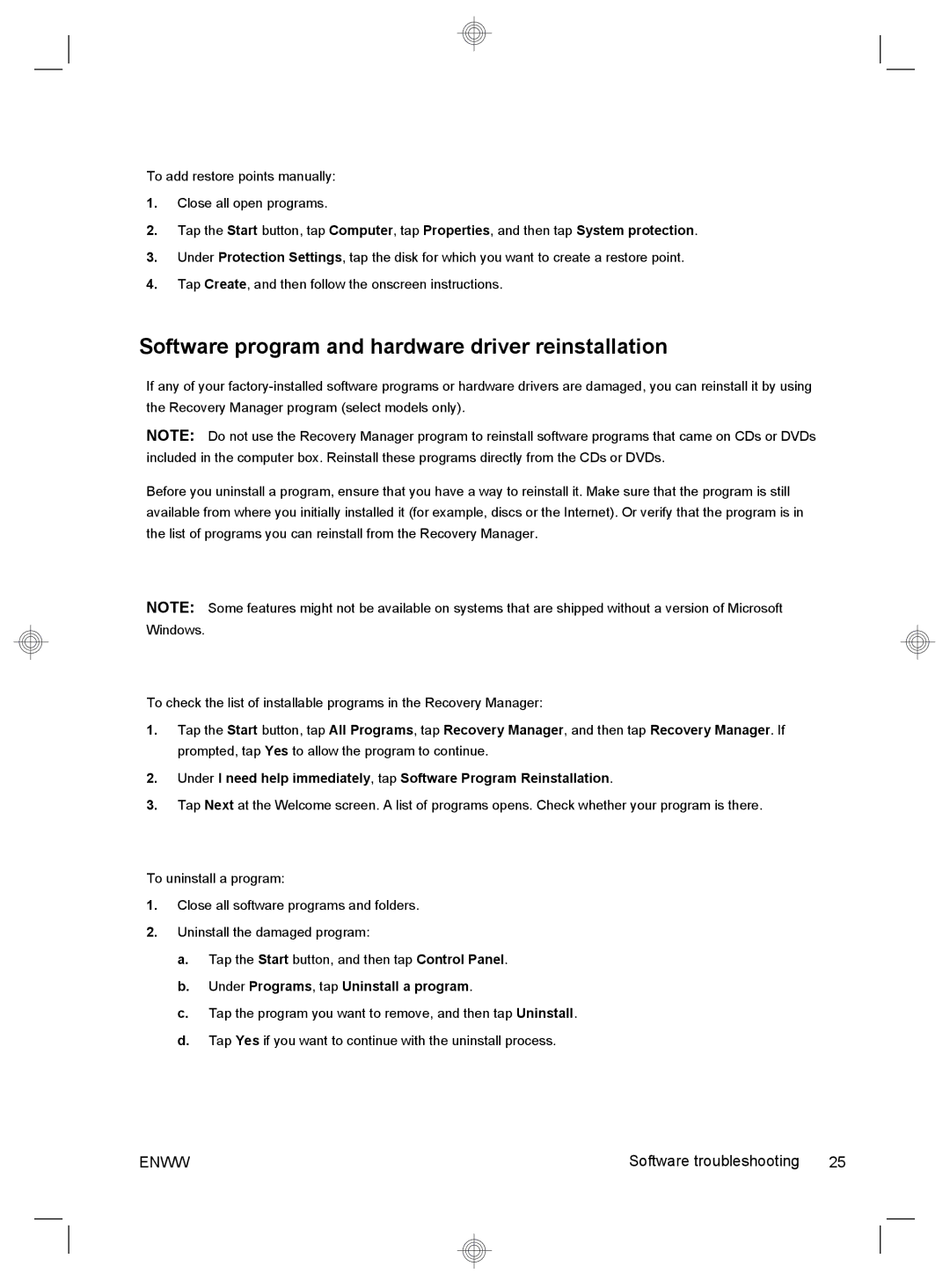 HP 220-1185qd, 220-1180qd Software program and hardware driver reinstallation, Under Programs, tap Uninstall a program 