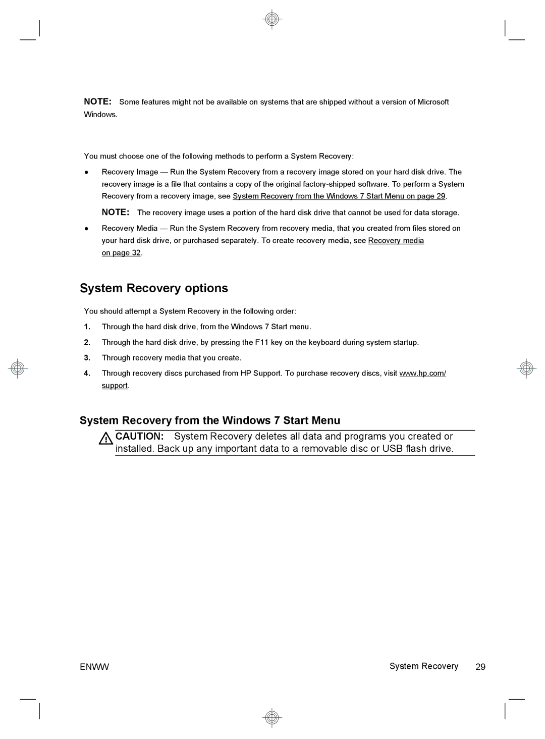 HP 220-1050xt, 220-1180qd, 220-1150xt, 220-1185qd System Recovery options, System Recovery from the Windows 7 Start Menu 