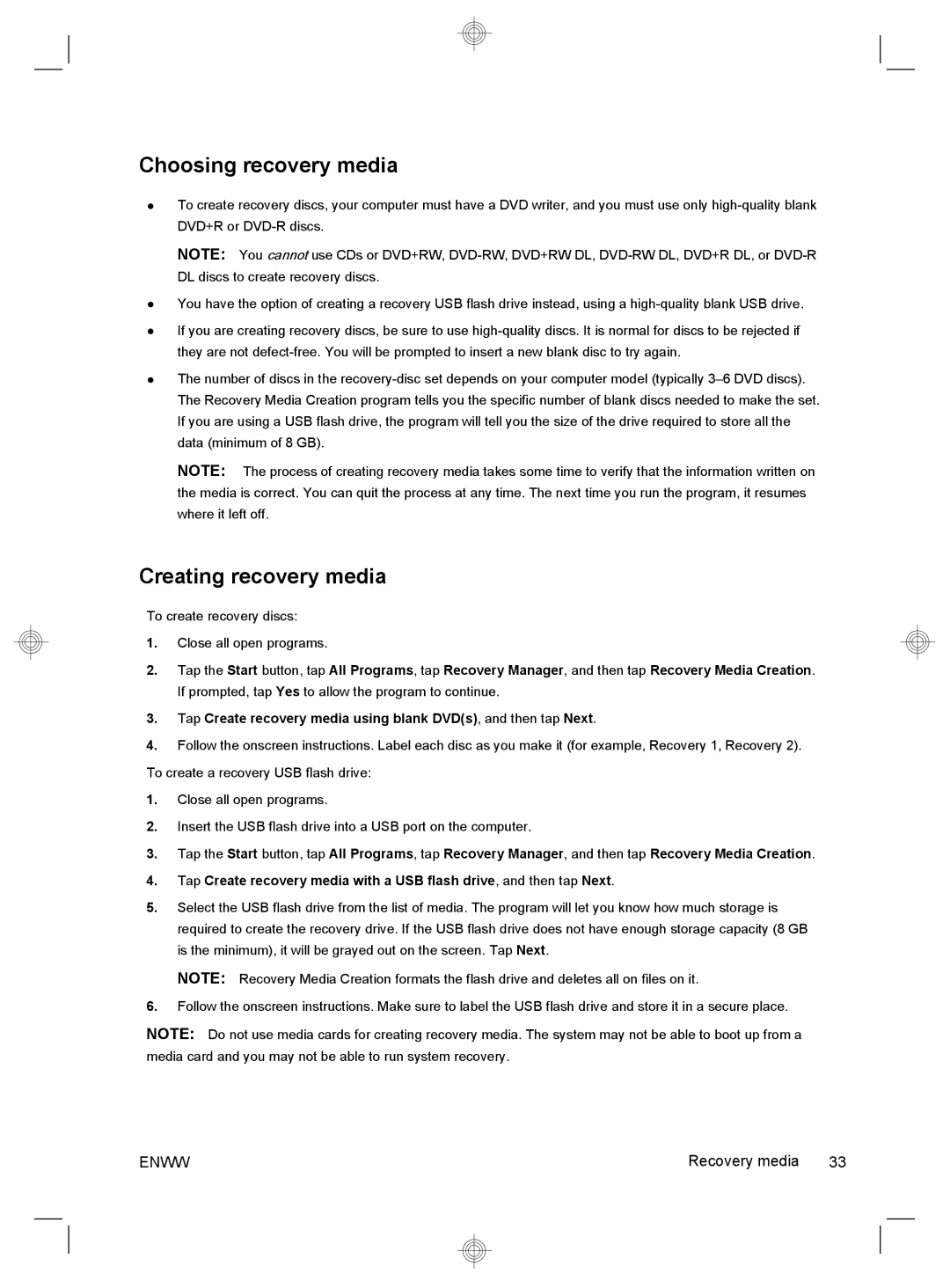 HP 220-1150xt, 220-1180qd, 220-1185qd, 220-1125, 220-1100t, 220-1080qd manual Choosing recovery media, Creating recovery media 