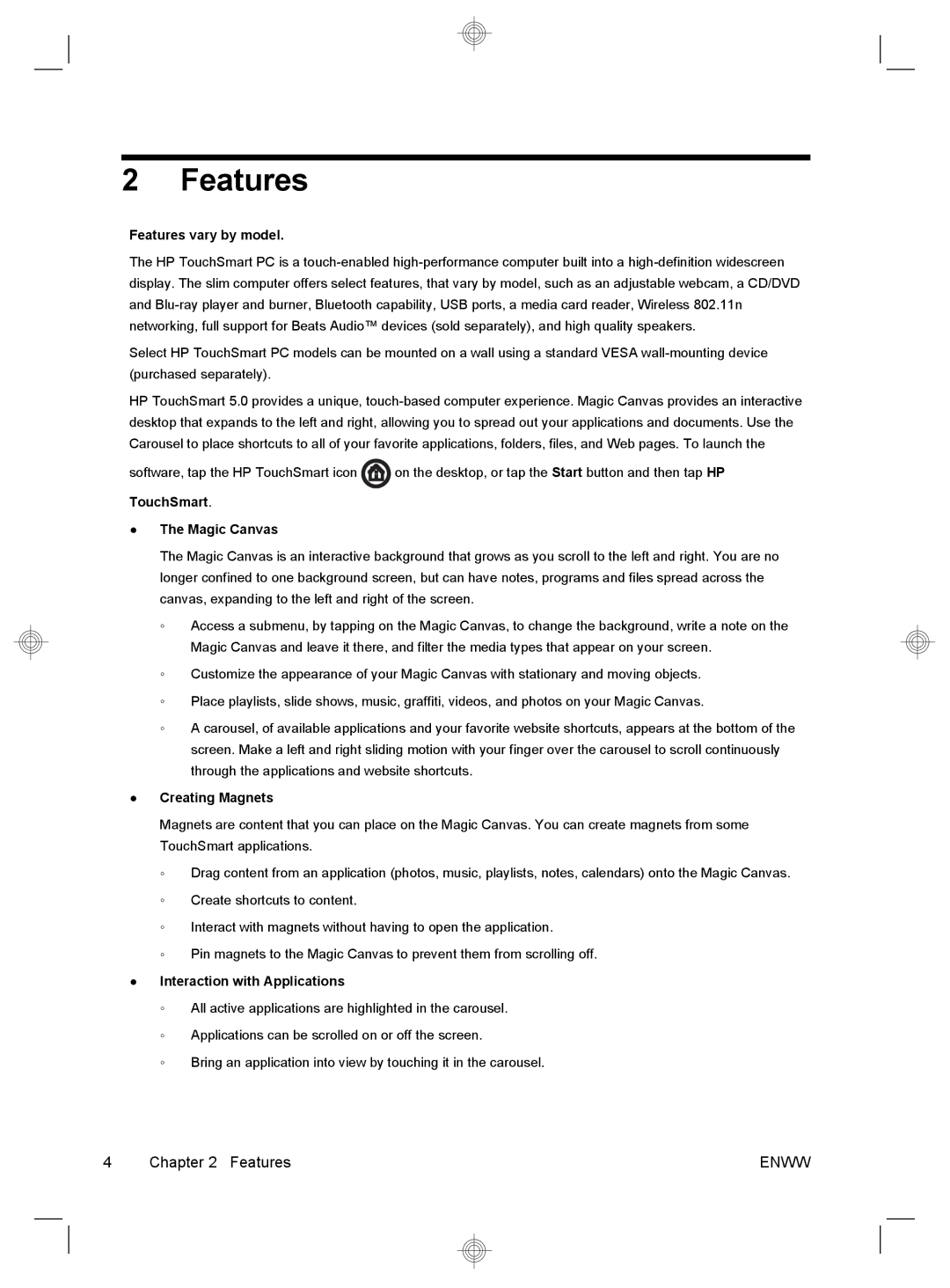 HP 220-1155xt, 220-1180qd Features vary by model, TouchSmart Magic Canvas, Creating Magnets, Interaction with Applications 