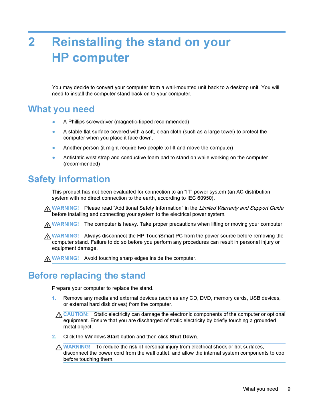 HP 220-1150xt, 220-1180qd, 220-1185qd, 220-1125 manual Reinstalling the stand on your HP computer, Before replacing the stand 