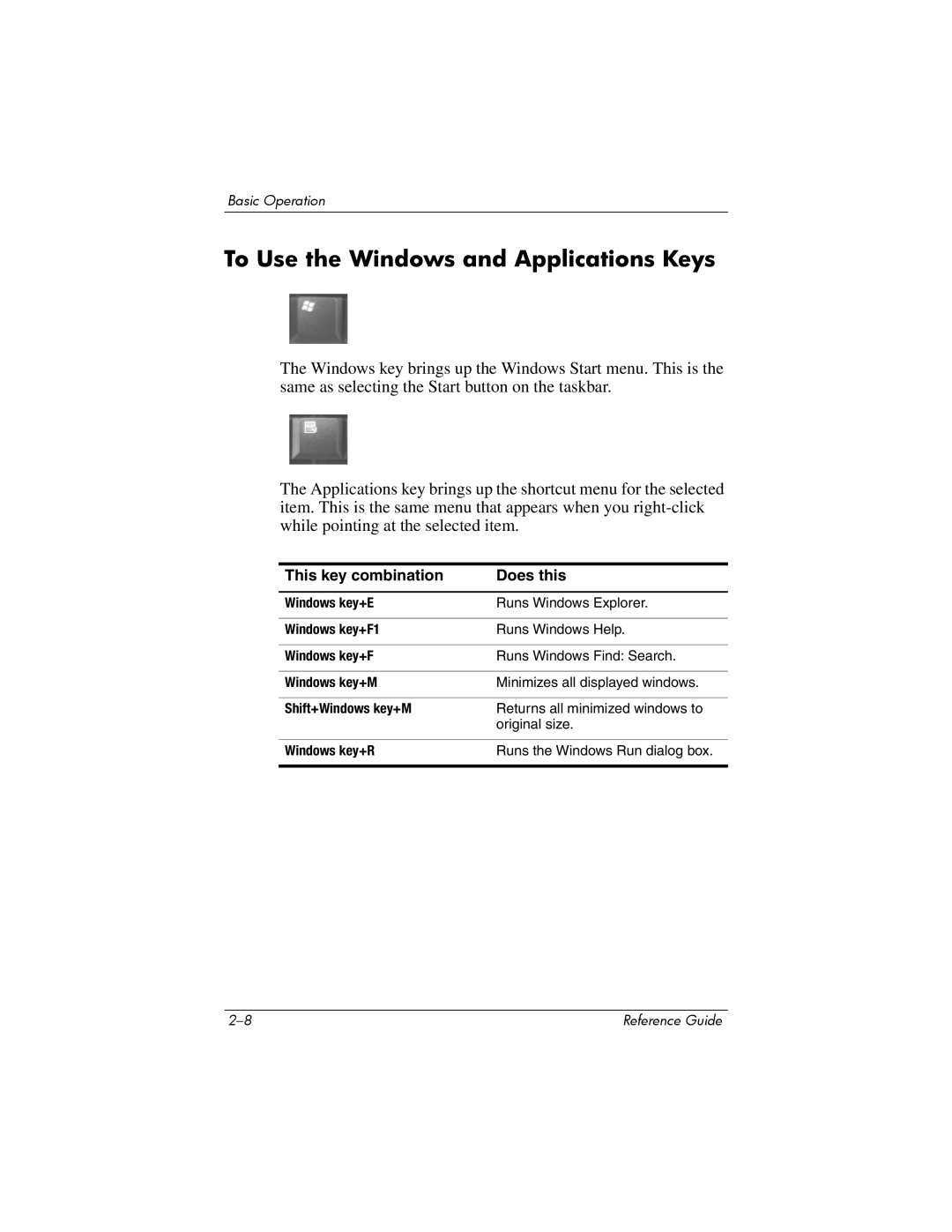 HP 2230AP, 2200, 2209CL, 2206US, 2206AP, 2206AL manual To Use the Windows and Applications Keys, This key combination Does this 