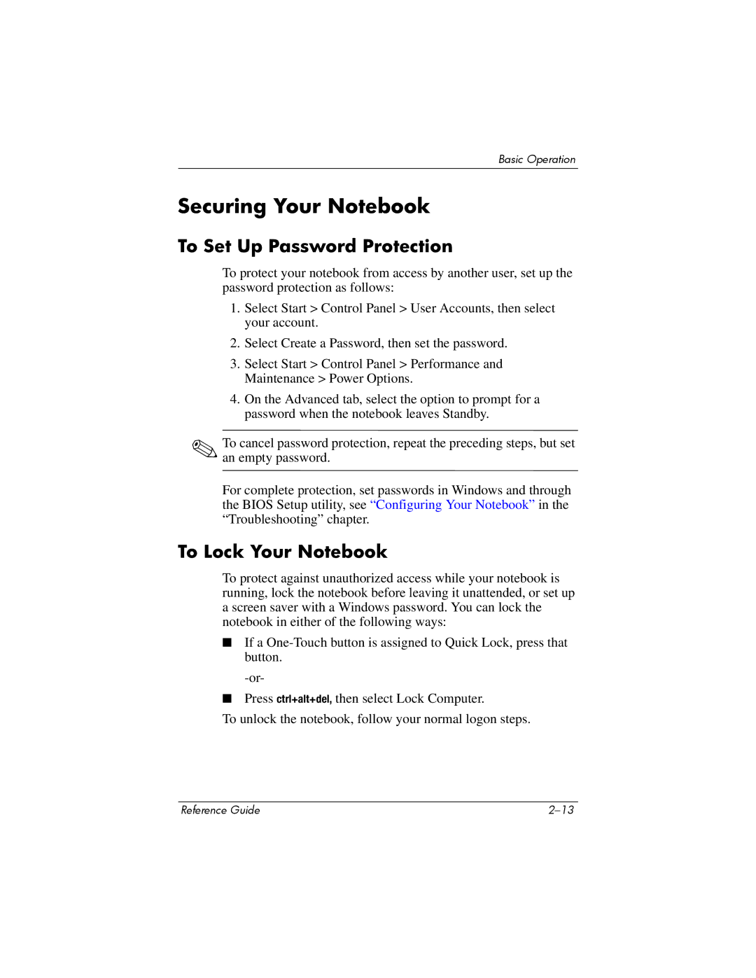 HP 2225AP, 2200, 2209CL, 2206US, 2206AP, 2206AL Securing Your Notebook, To Set Up Password Protection, To Lock Your Notebook 