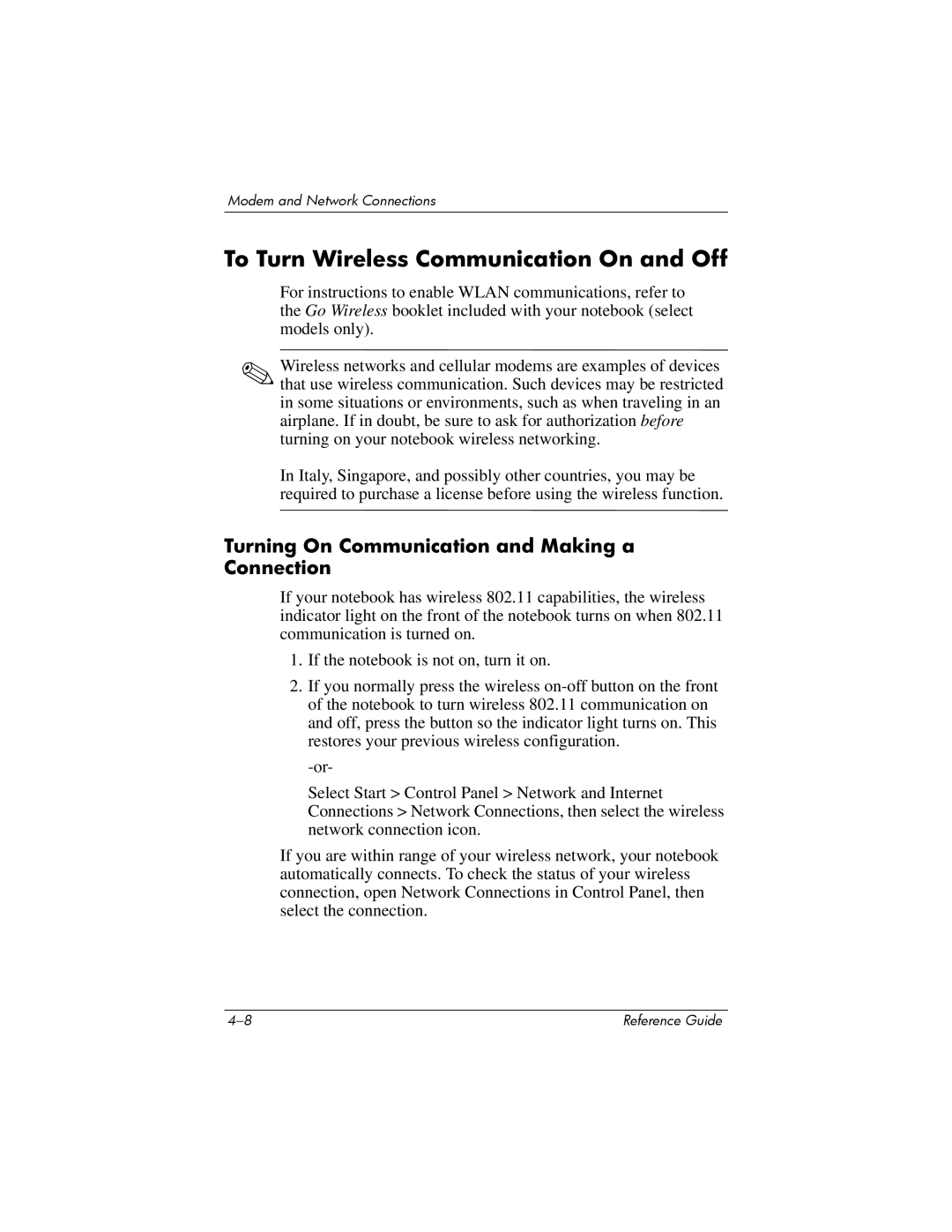 HP 2258AP, 2200, 2209CL, 2206US To Turn Wireless Communication On and Off, Turning On Communication and Making a Connection 