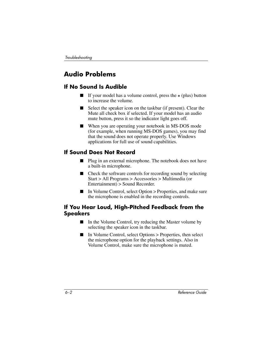 HP 2248AP, 2200, 2209CL, 2206US, 2206AP, 2206AL, 2204US, 2204AL Audio Problems, If No Sound Is Audible, If Sound Does Not Record 