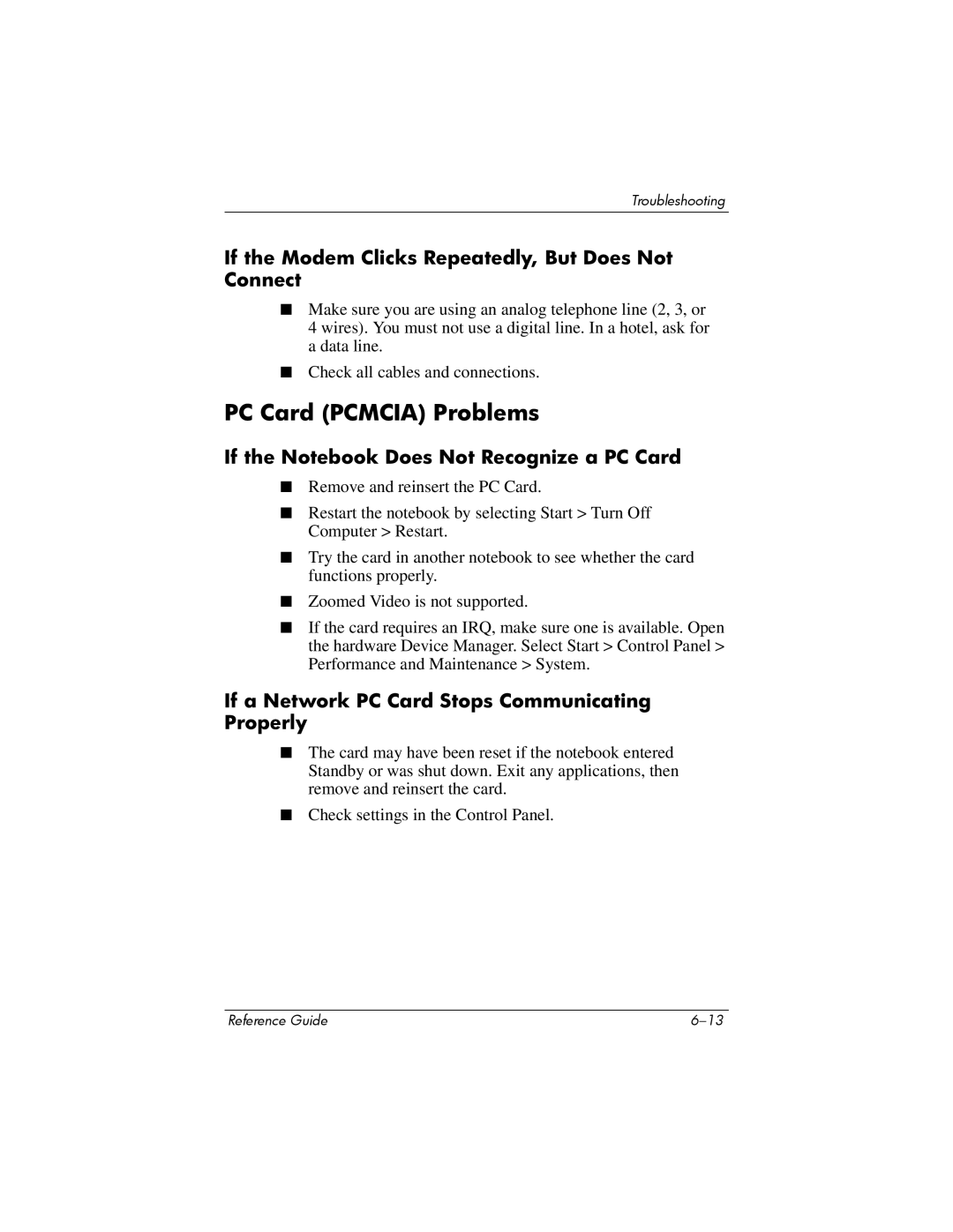 HP 2203US, 2200, 2209CL, 2206US, 2206AP, 2206AL PC Card Pcmcia Problems, If the Modem Clicks Repeatedly, But Does Not Connect 