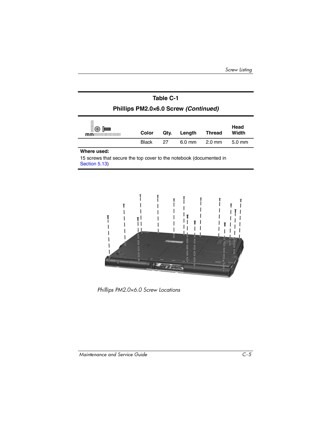 HP 2266AP, 2200, 2209CL, 2206US, 2206AP, 2206AL, 2204US, 2204AL, 2204AS, 2204AP, 2203AP, 2203AL Table C-1 Phillips PM2.0×6.0 Screw 