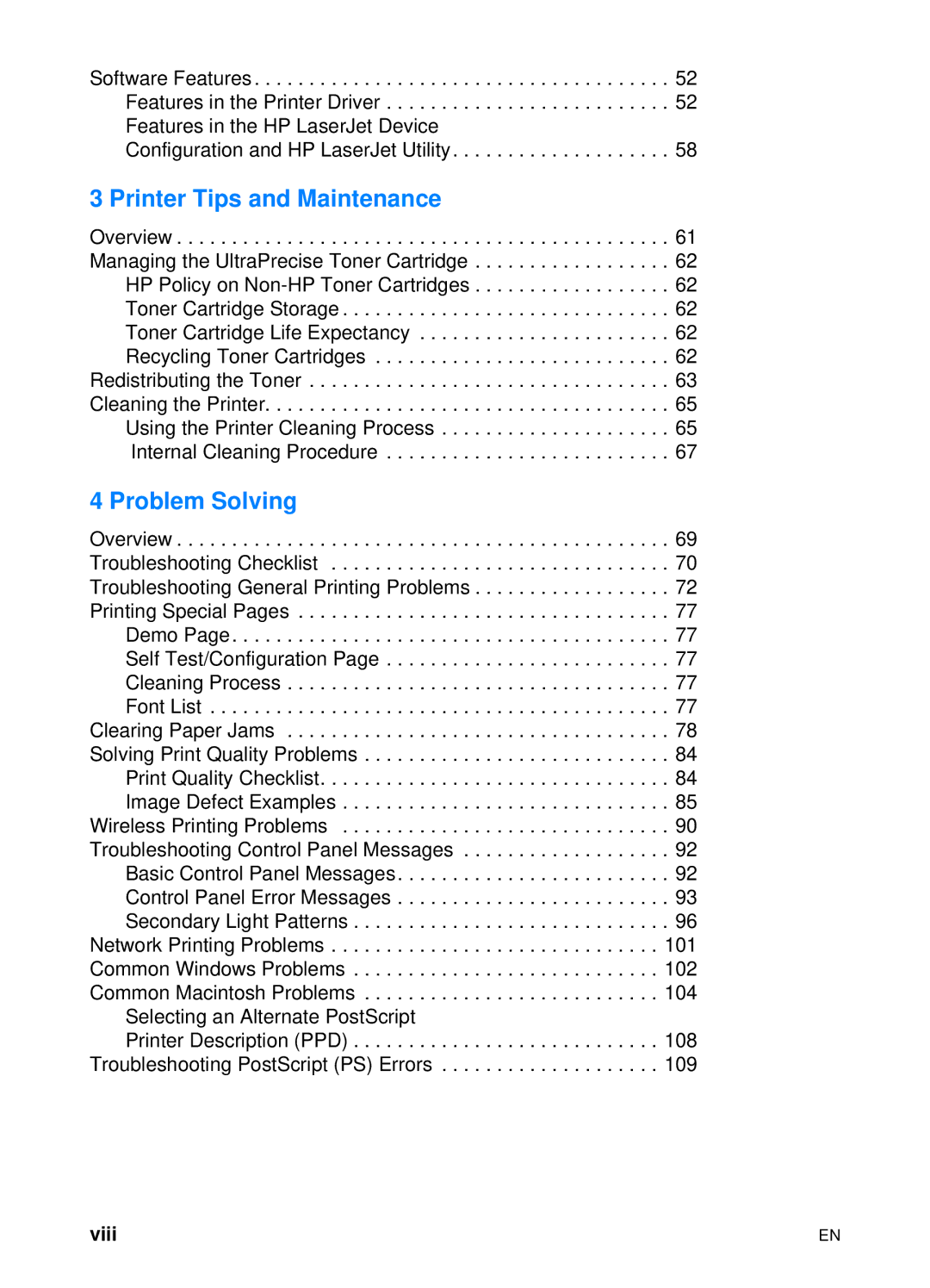 HP 2200 manual Printer Tips and Maintenance, Viii 