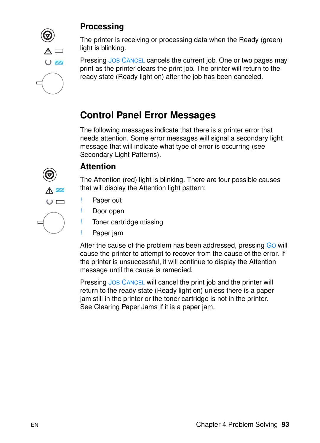 HP 2200 manual Control Panel Error Messages, Processing 