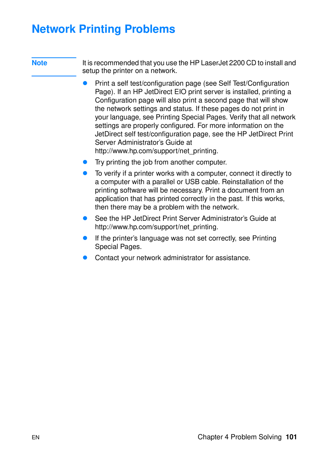 HP 2200 manual Network Printing Problems 