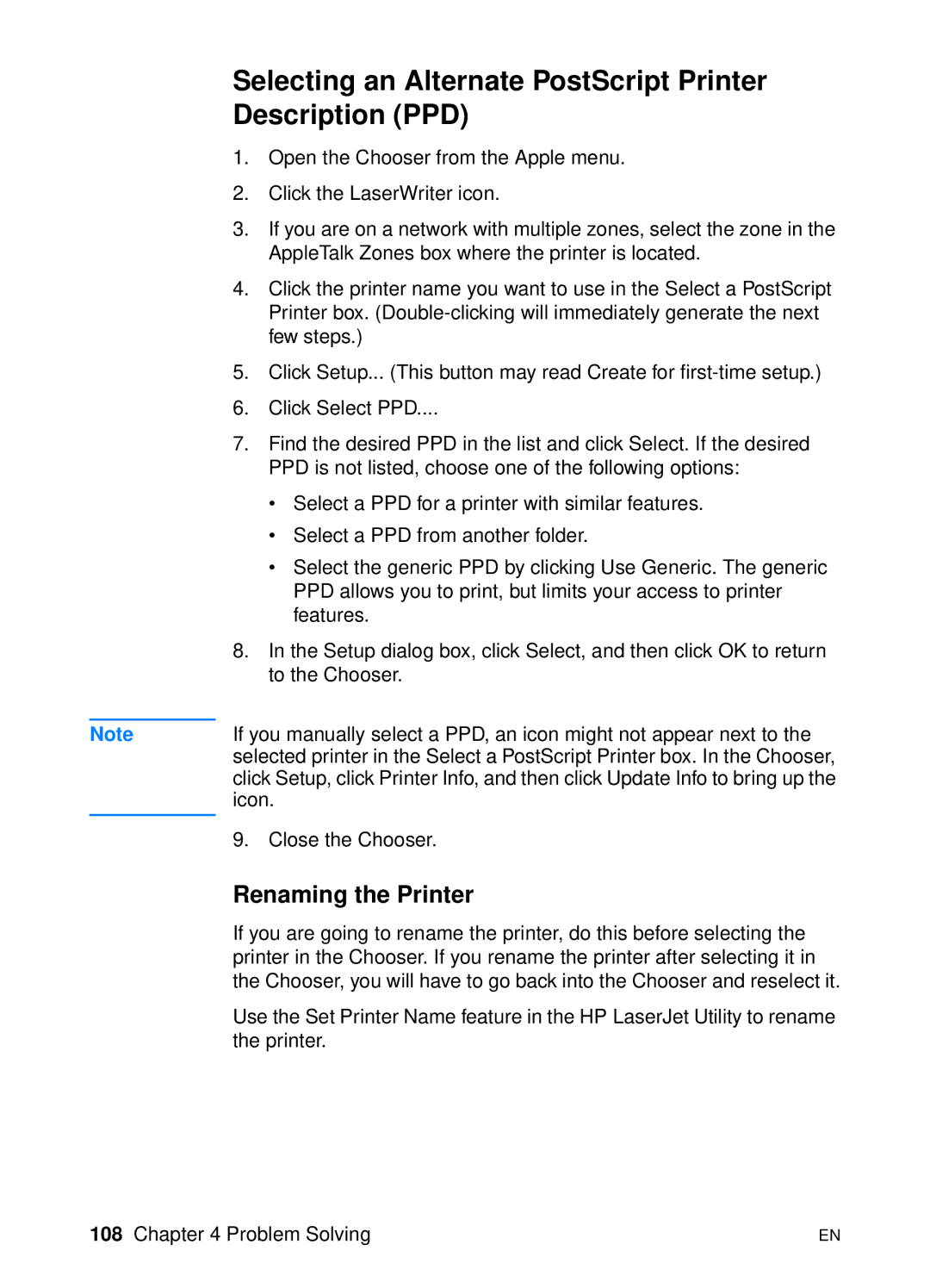 HP 2200 manual Selecting an Alternate PostScript Printer Description PPD, Renaming the Printer 