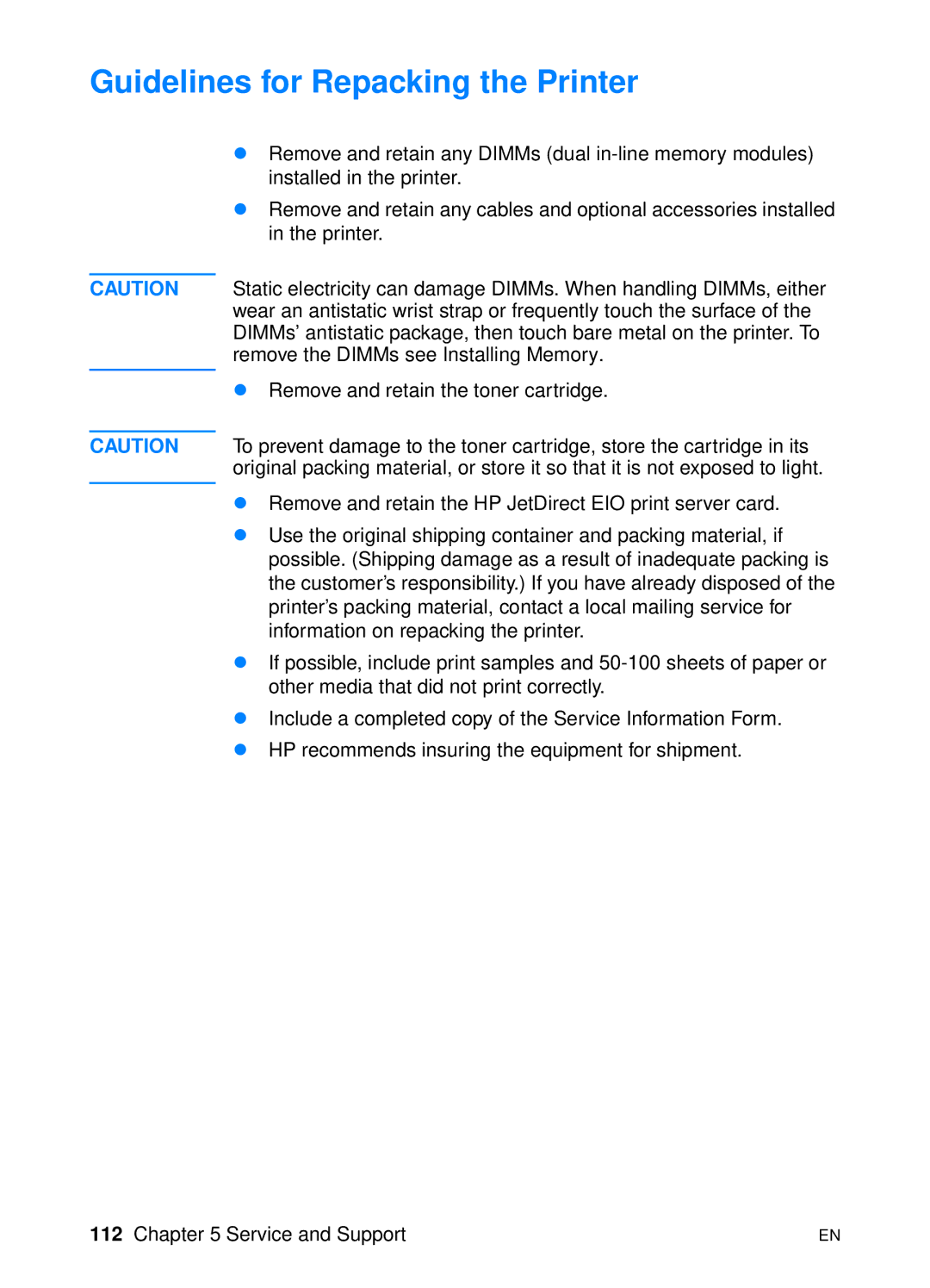 HP 2200 manual Guidelines for Repacking the Printer 