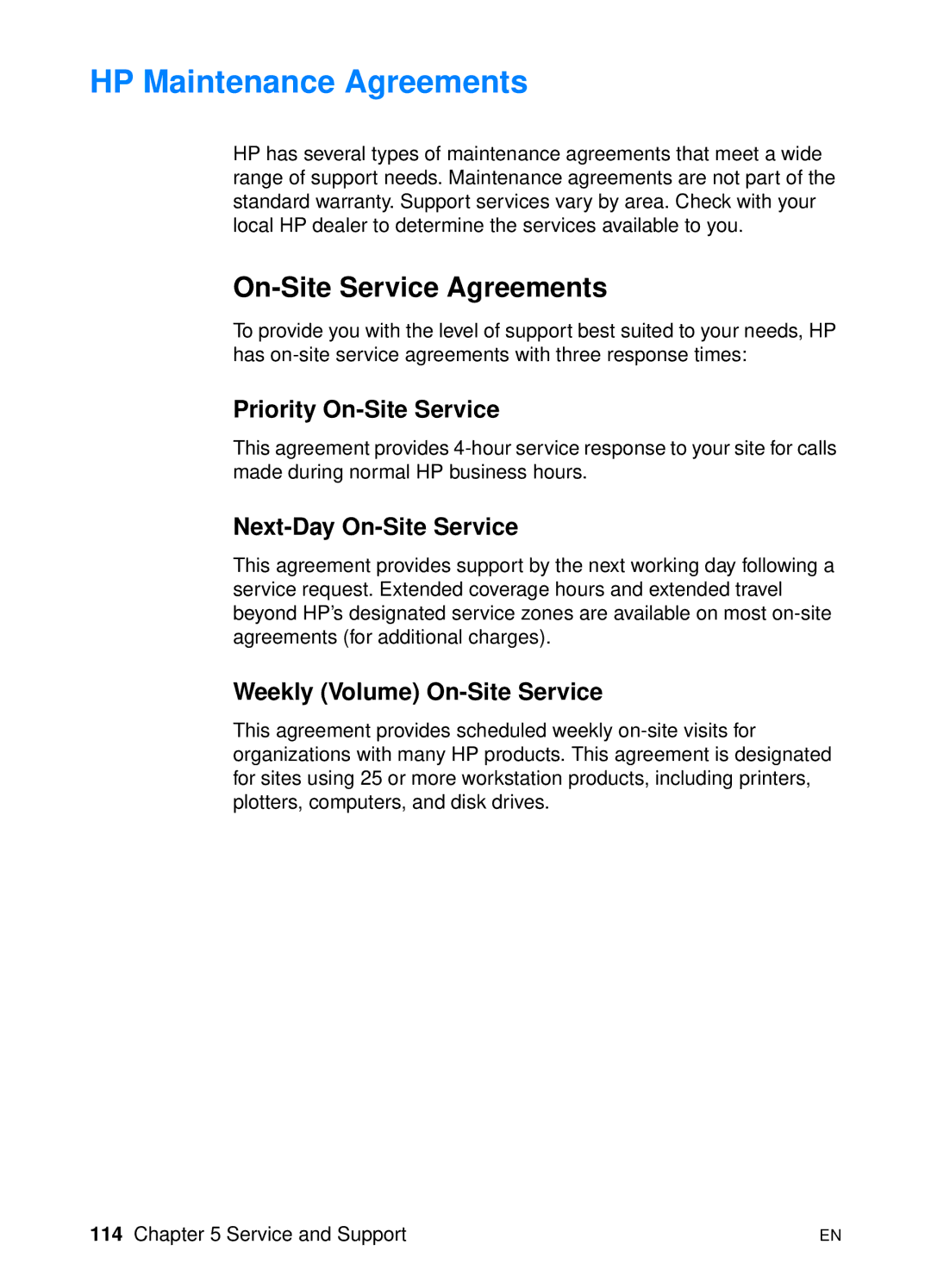 HP 2200 manual HP Maintenance Agreements, On-Site Service Agreements, Priority On-Site Service, Next-Day On-Site Service 