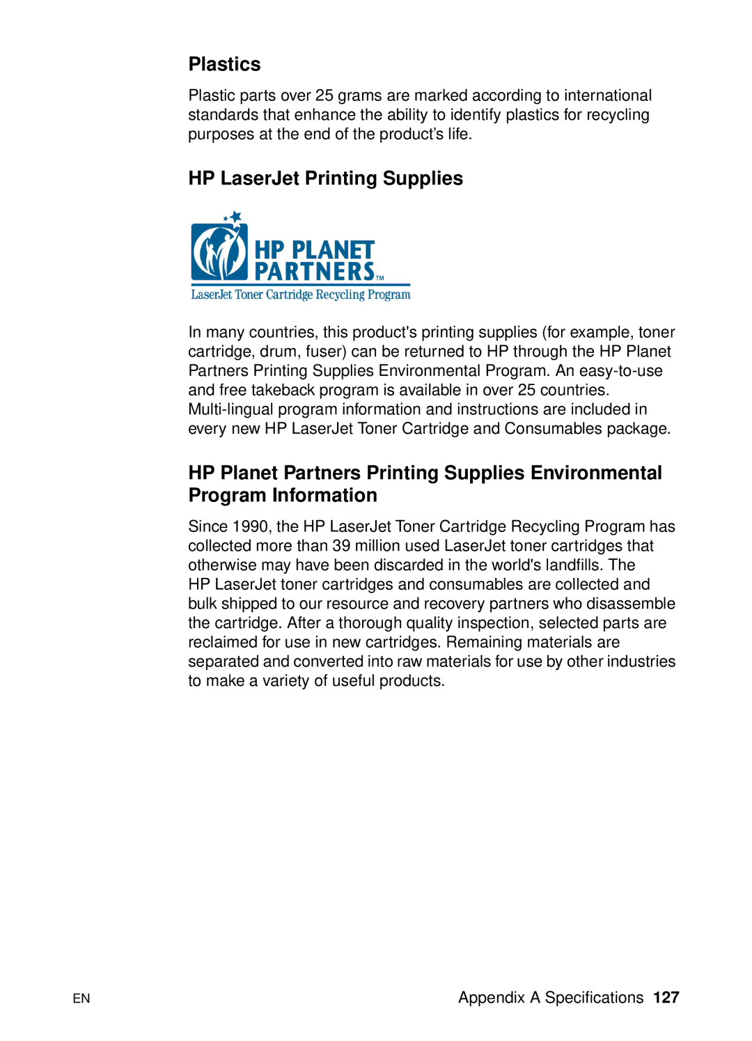 HP 2200 manual Plastics, HP LaserJet Printing Supplies 