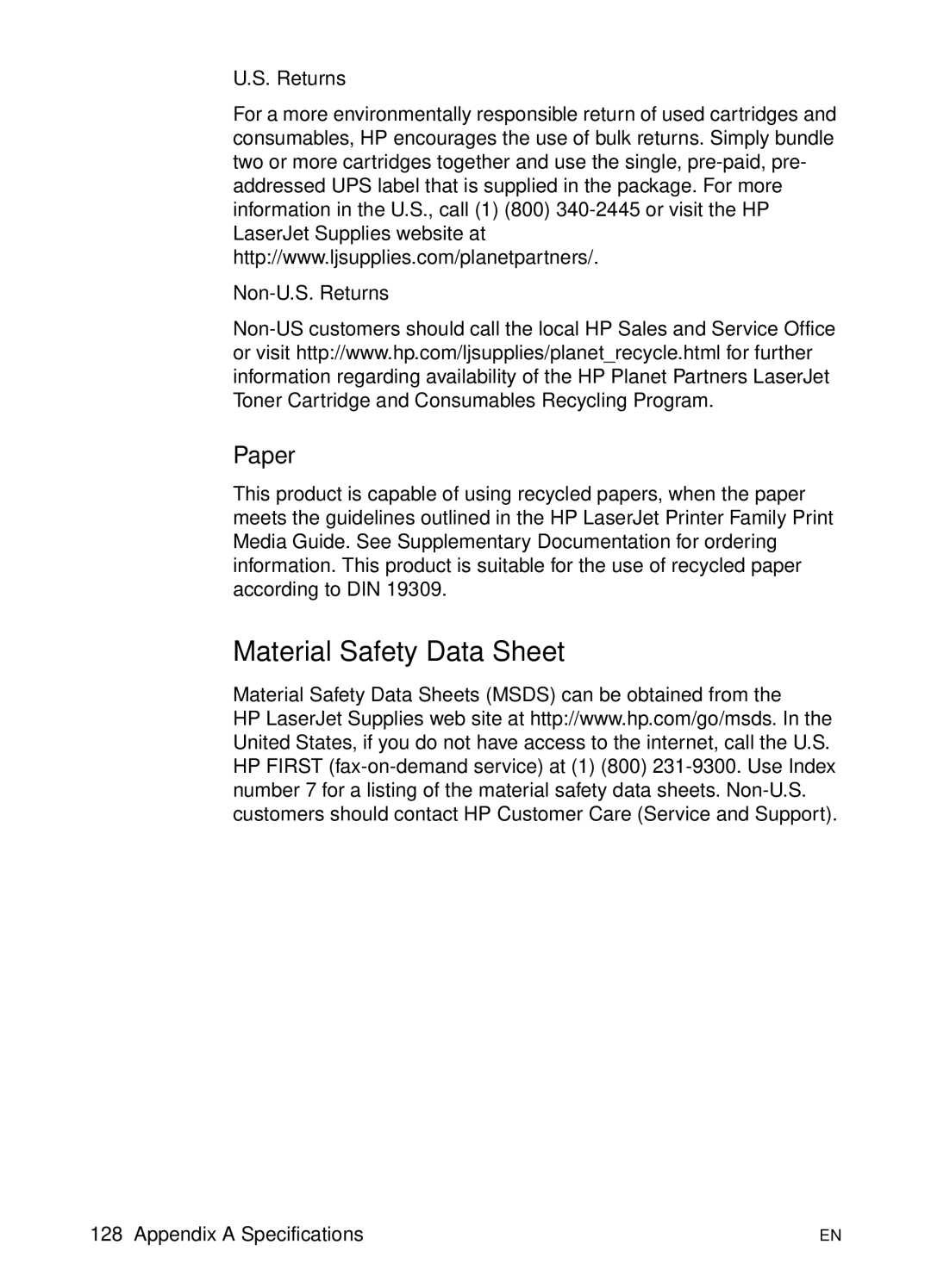 HP 2200 manual Material Safety Data Sheet, Paper, Returns Non-U.S. Returns 