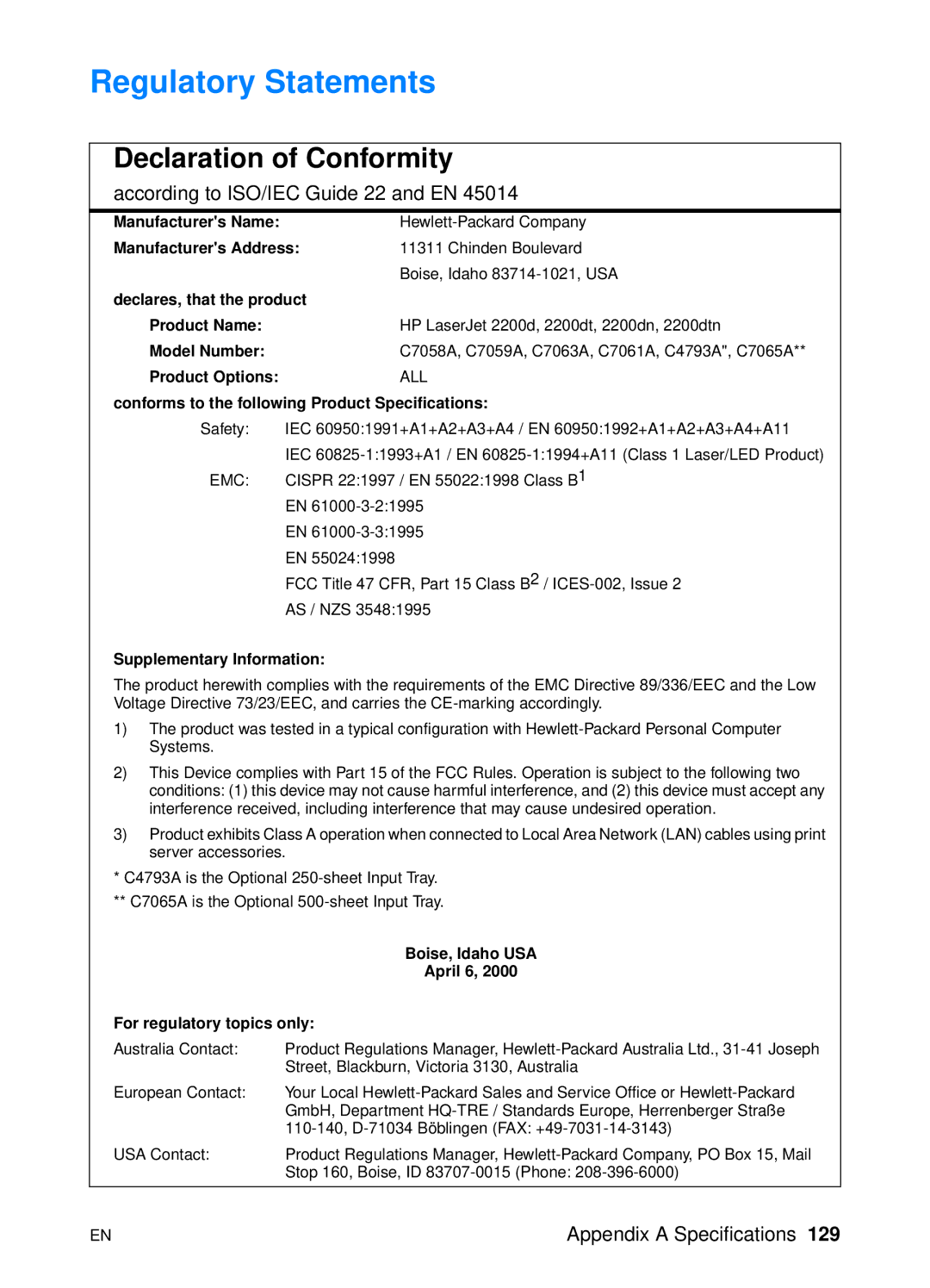 HP 2200 manual Regulatory Statements, Declaration of Conformity 