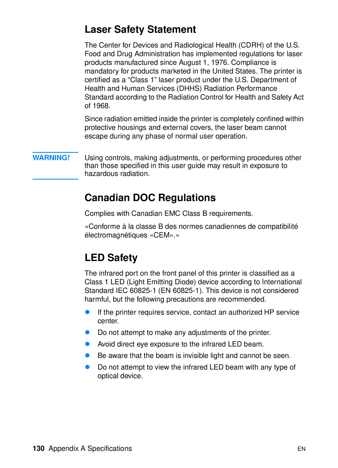 HP 2200 manual Laser Safety Statement, Canadian DOC Regulations, LED Safety 