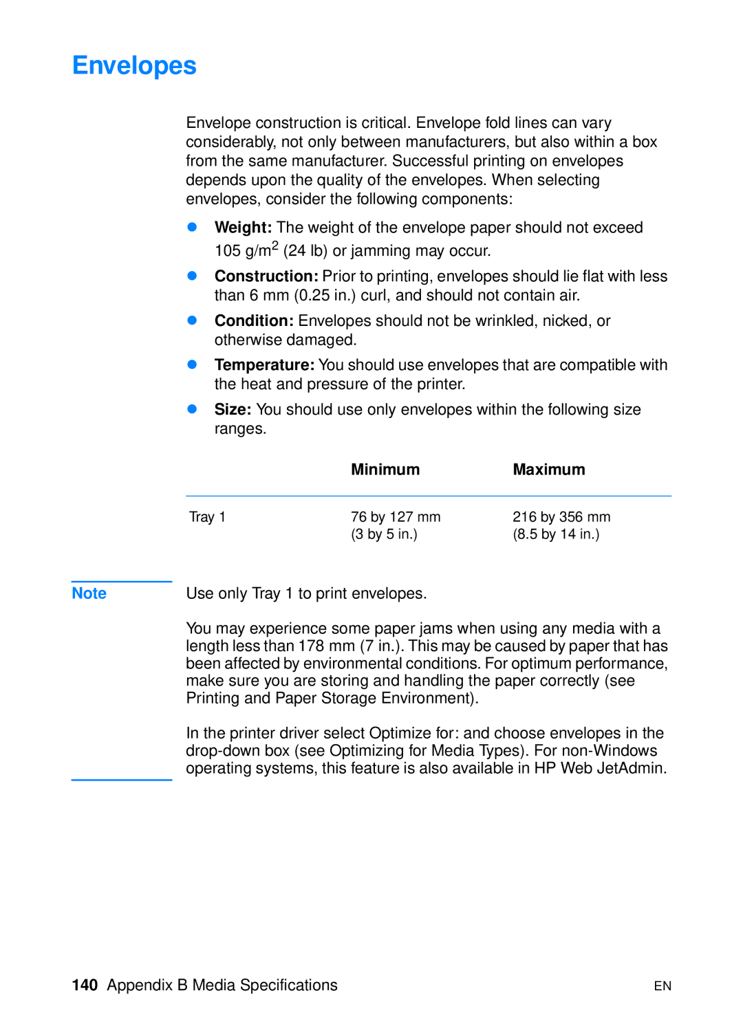 HP 2200 manual Envelopes, Minimum Maximum 